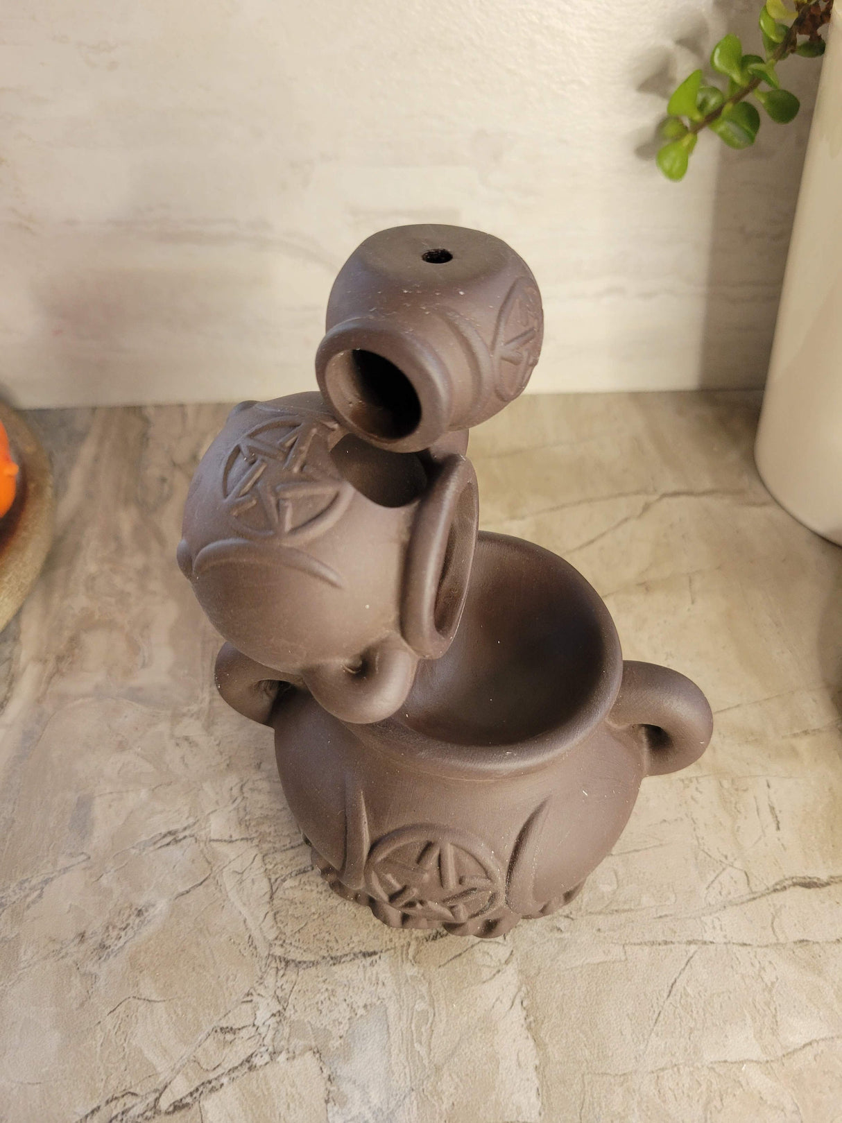 Handmade ceramic cauldron triple moon back flow incense burner for meditation, altar decoration