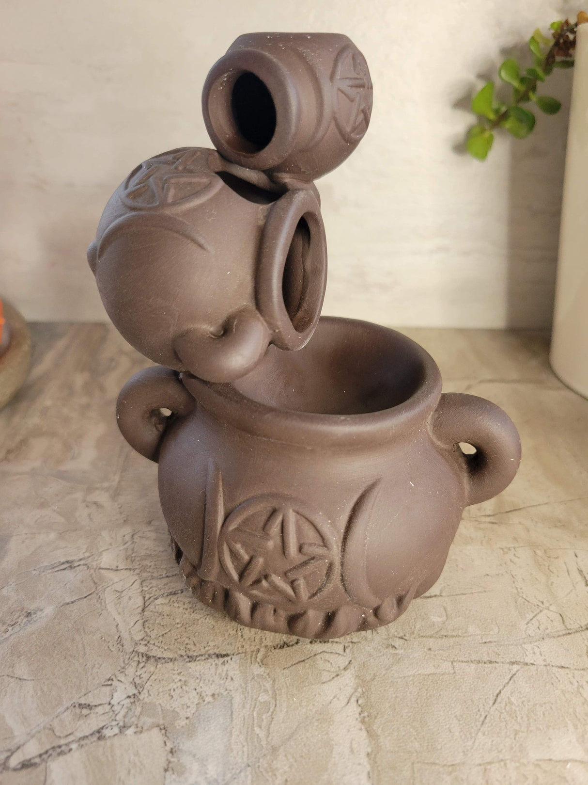 Handmade ceramic cauldron triple moon back flow incense burner for meditation, altar decoration