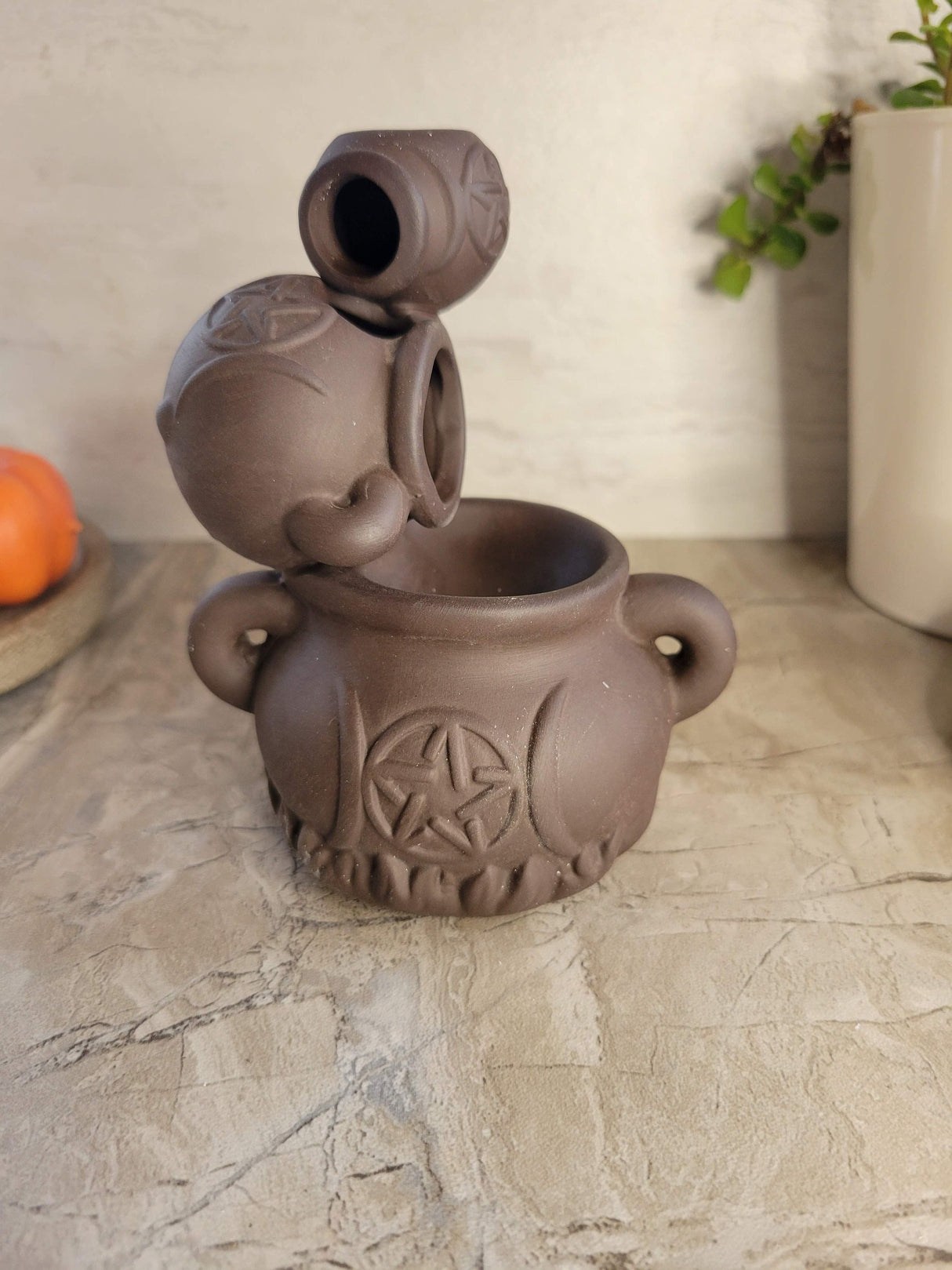 Handmade ceramic cauldron triple moon back flow incense burner for meditation, altar decoration