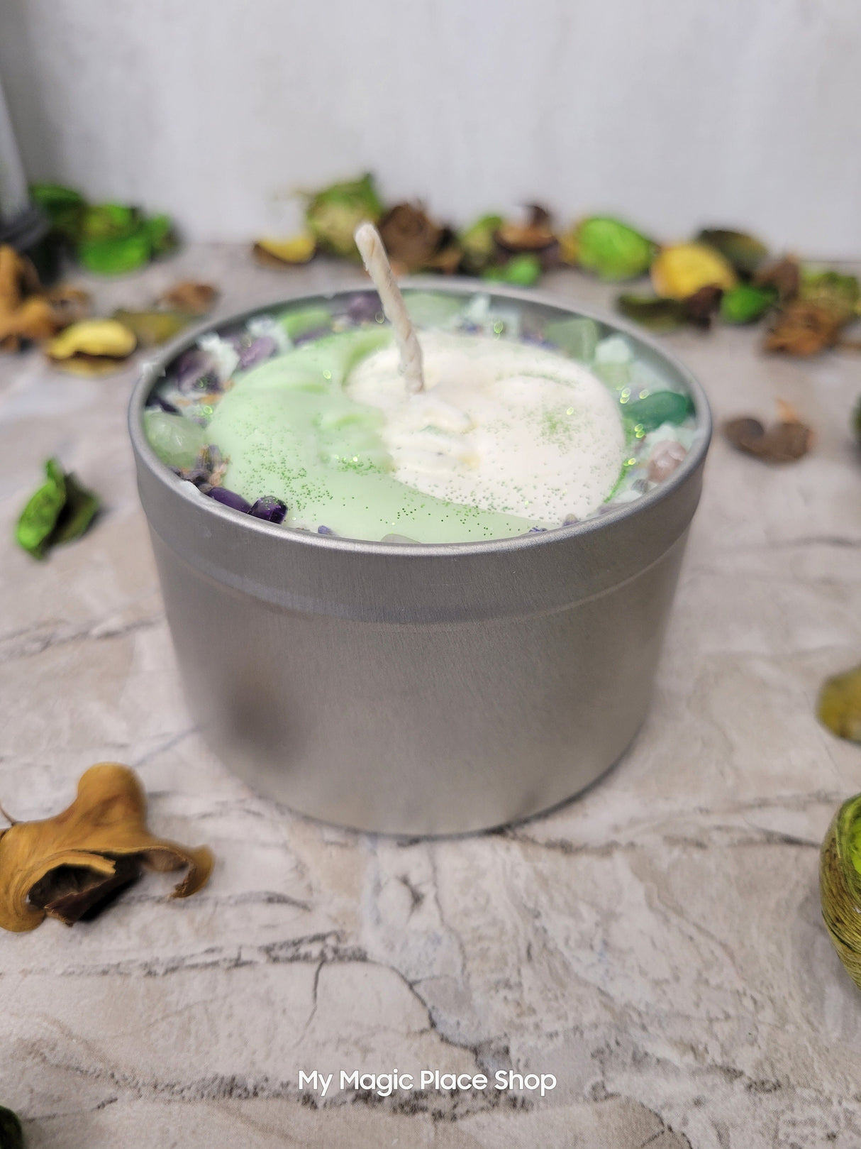 Moon Romance Soy Candle: Lavender Sage Rosemary Scent, Amethyst & Aventurine Crystals
