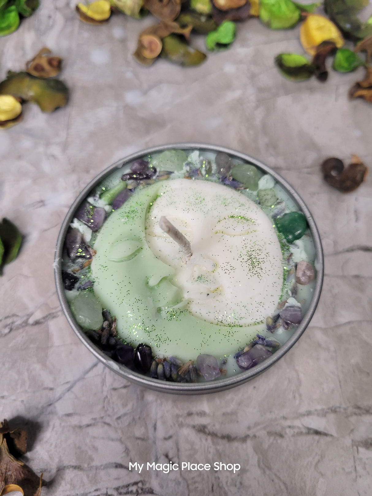 Moon Romance Soy Candle: Lavender Sage Rosemary Scent, Amethyst & Aventurine Crystals