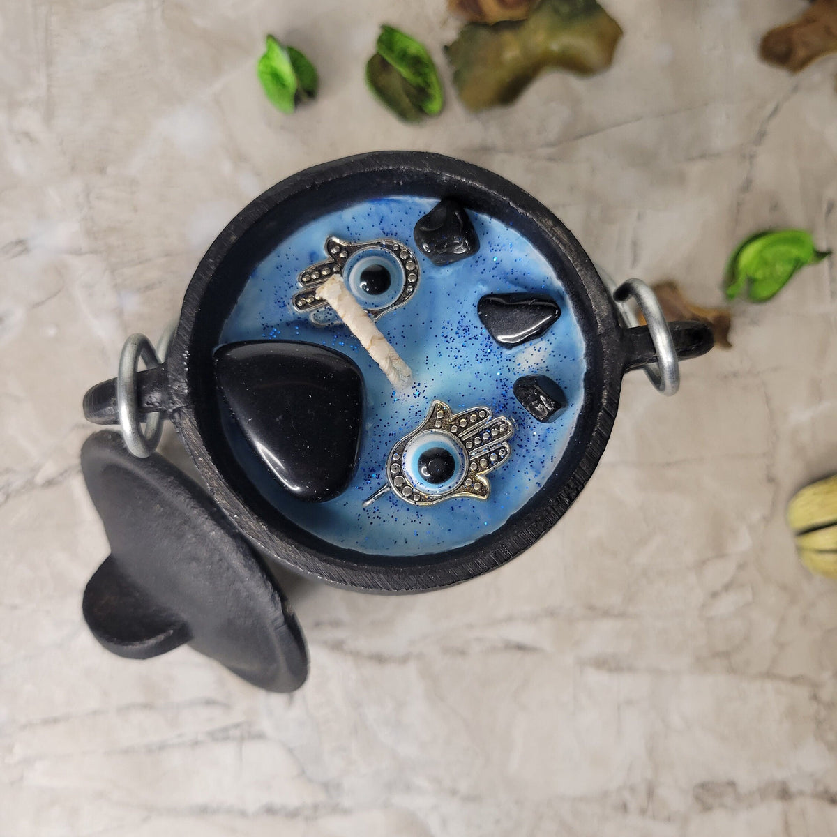 Evil Eye Soy Wax Candle Cauldron with Onyx Crystal Intention Candle Protection Candle