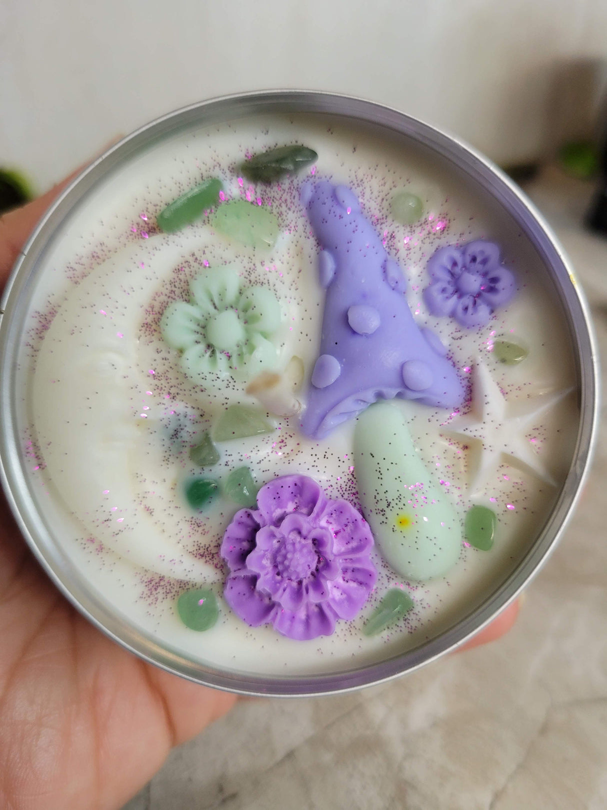 Moon Magic Soy Candle Tin: Sea Salt Orchid Scent, Green Aventurine Crystal