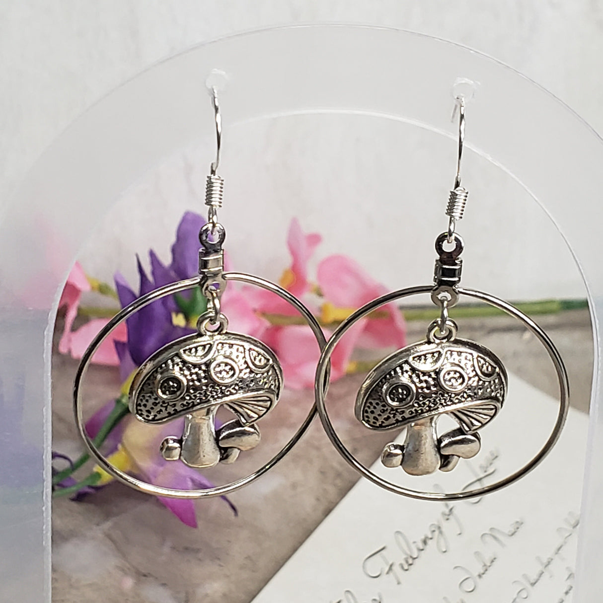 Mushroom Earrings, Hoop Mushroom, Plant Earrings, Gift for Her, Silver Earrings