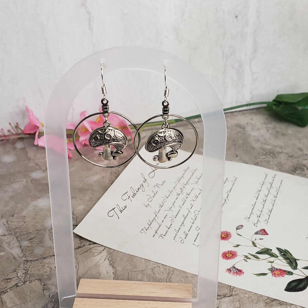 Mushroom Earrings, Hoop Mushroom, Plant Earrings, Gift for Her, Silver Earrings