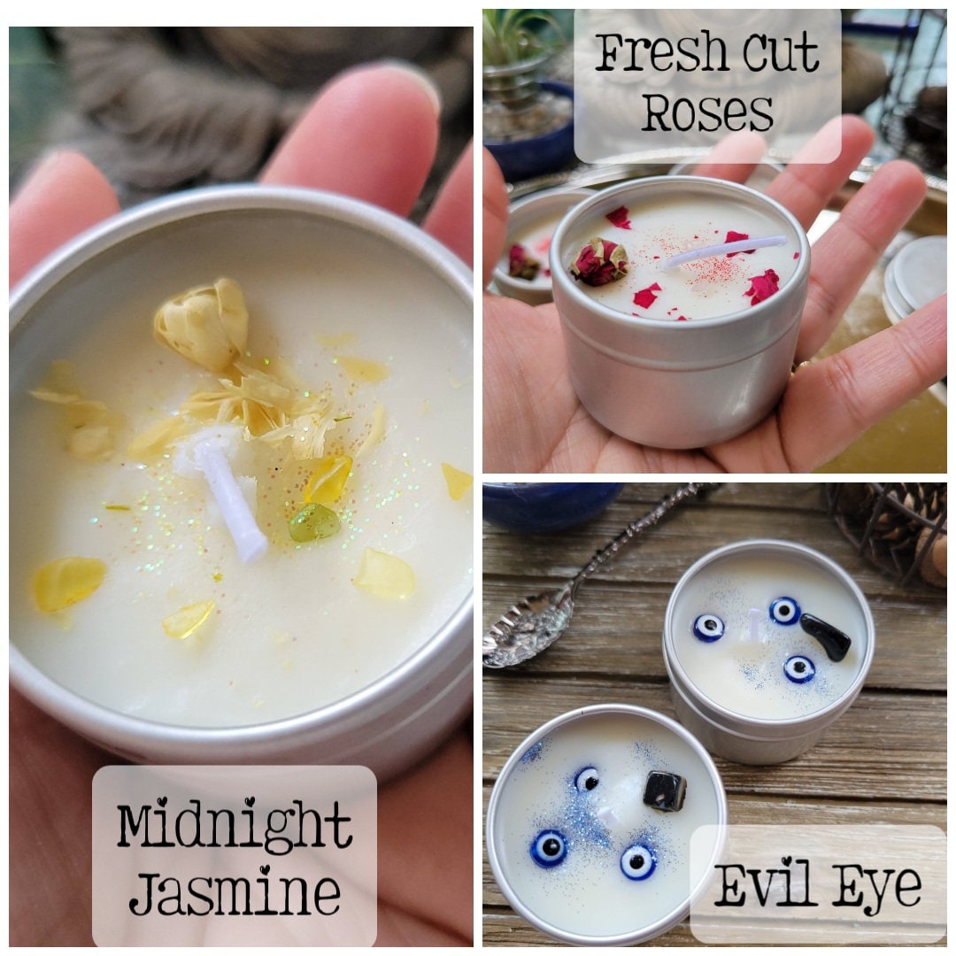 Crystal Intention Soy Candle – Hand Poured | Dried Flowers and Crystals | Meditation & Ritual Candle | 2oz Mini Gift