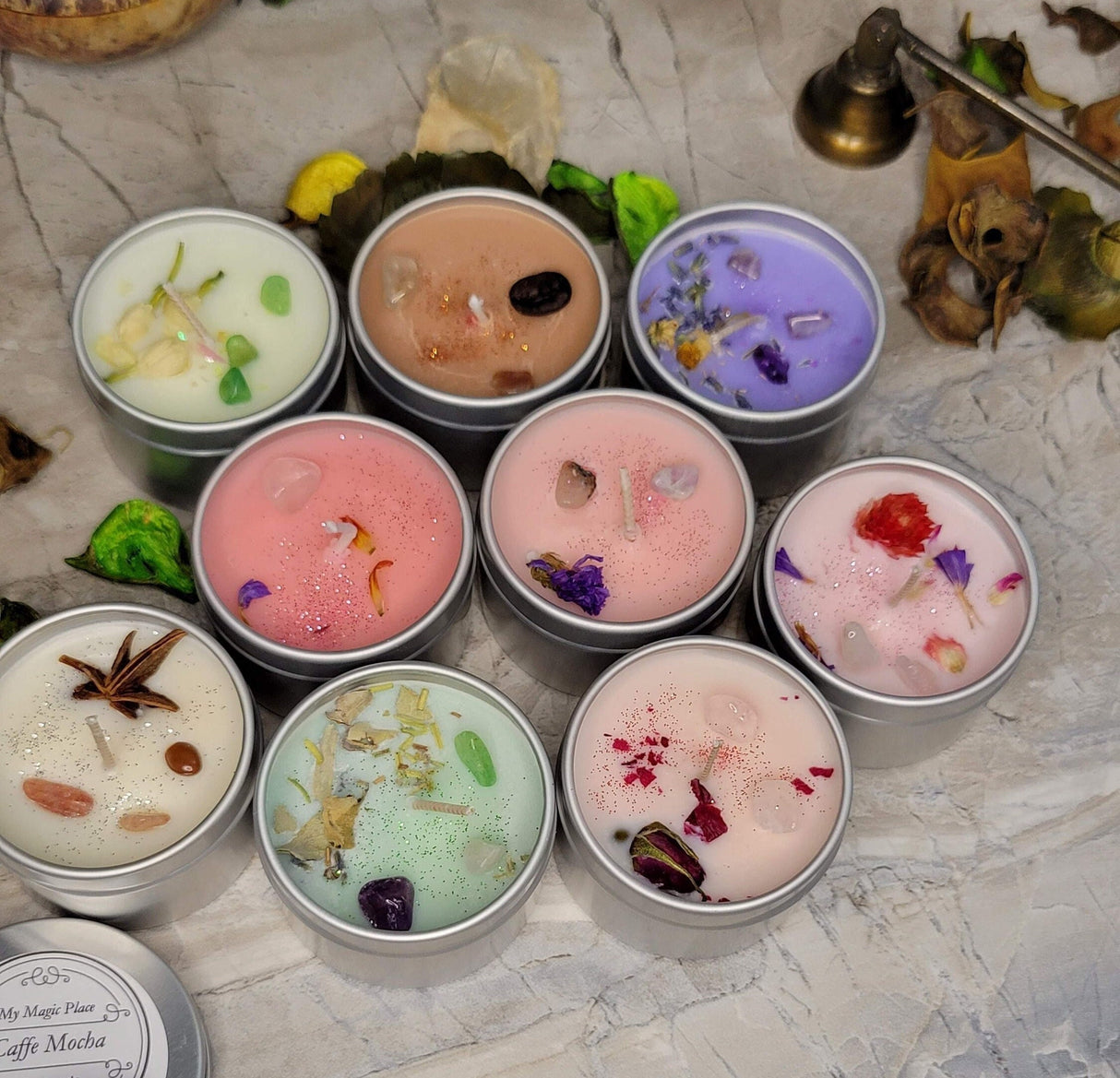Crystal Intention Soy Candle – Hand Poured | Dried Flowers and Crystals | Meditation & Ritual Candle | 2oz Mini Gift