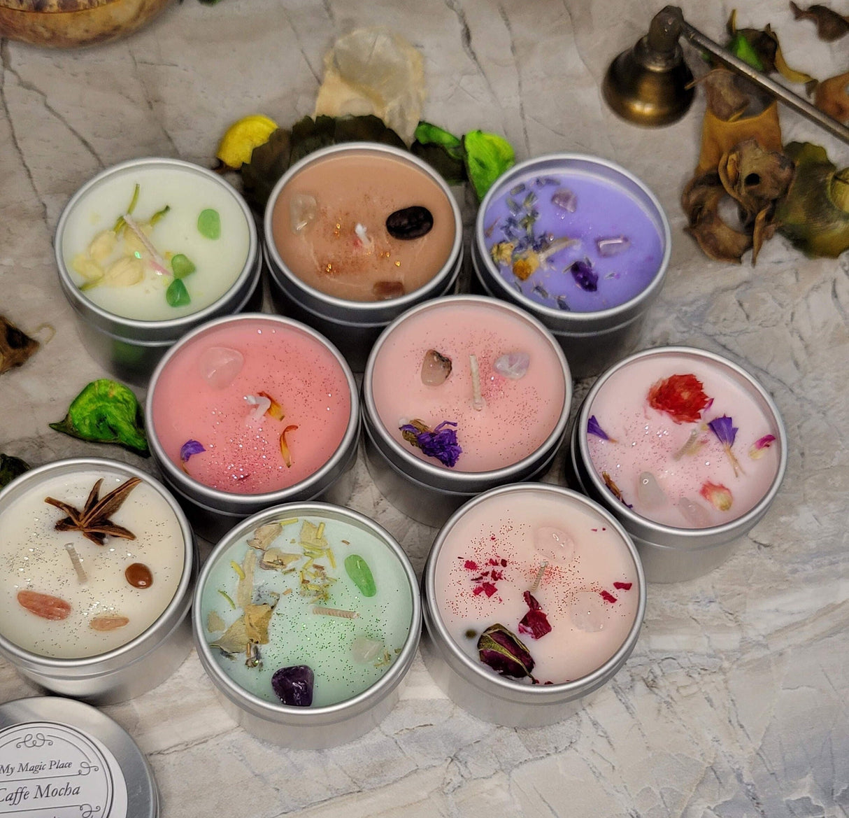 Handmade Soy Intention Candle: Crystal & Flower Infused, 2oz Sample