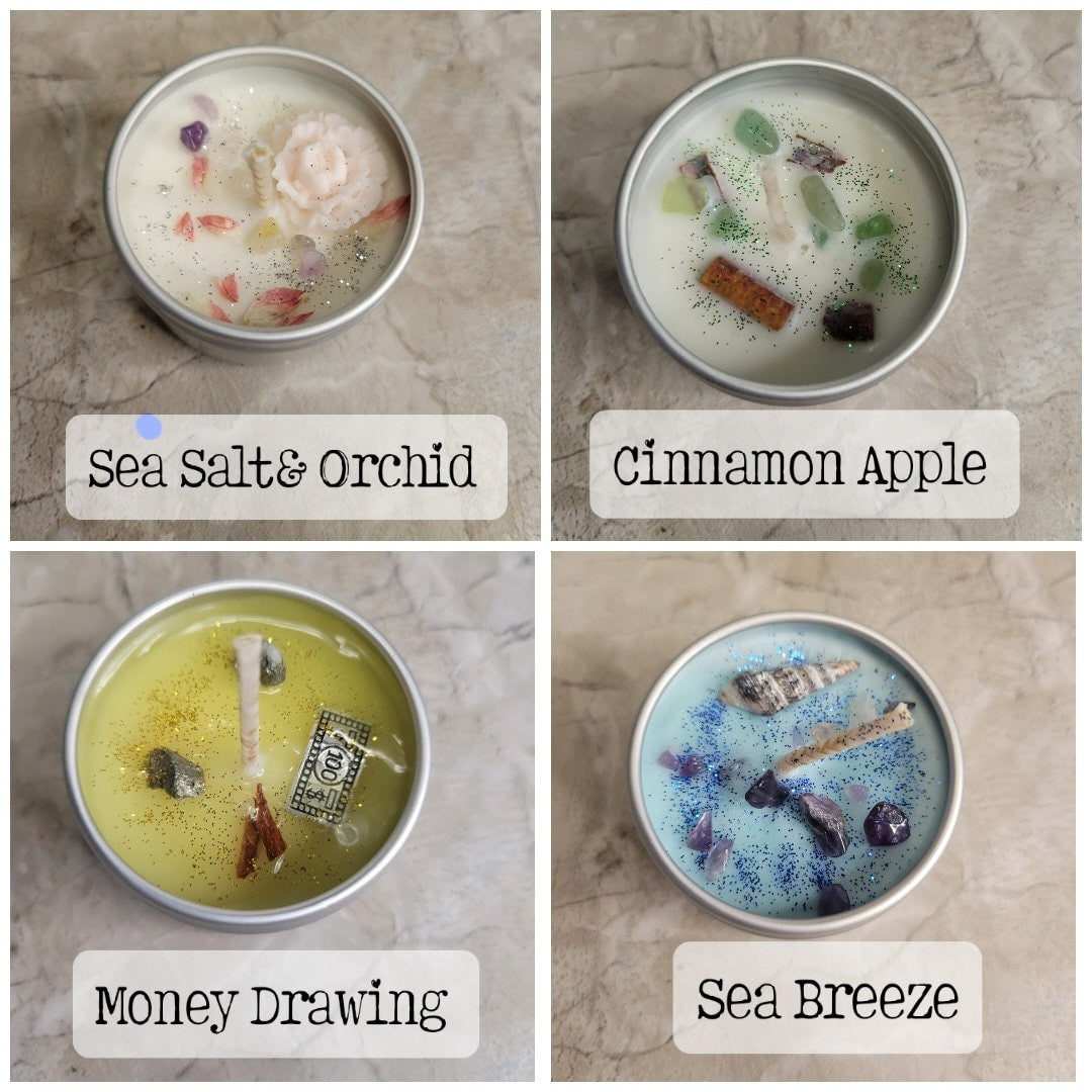 Crystal Intention Soy Candle – Hand Poured | Dried Flowers and Crystals | Meditation & Ritual Candle | 2oz Mini Gift