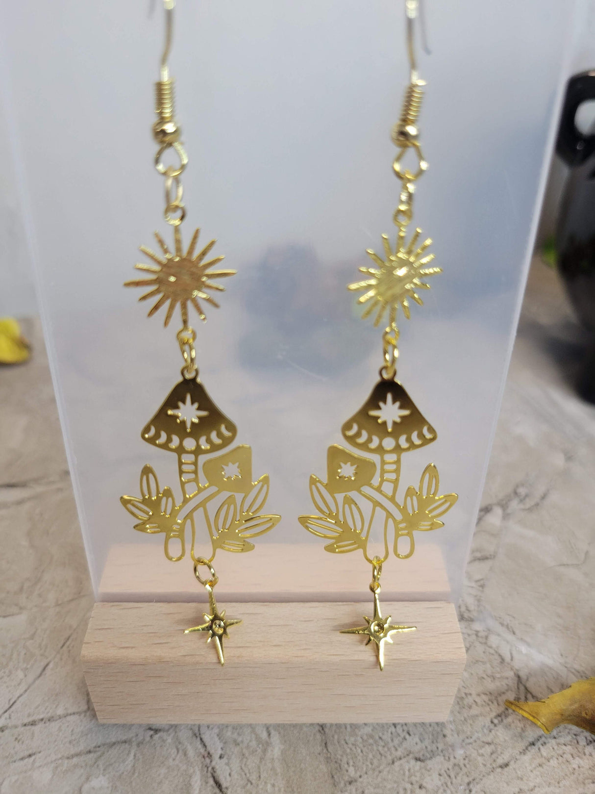 Celestial Mushroom Drop Earrings: Sun & Star Charm Earrings