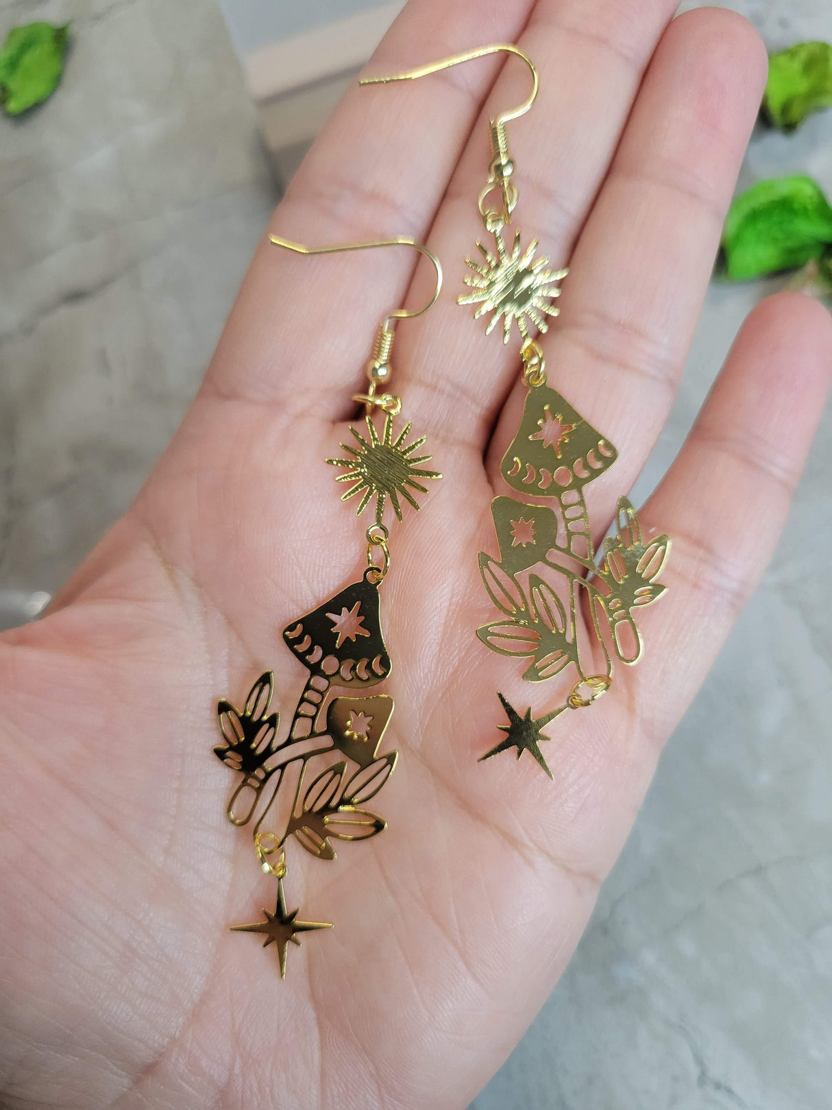 Celestial Mushroom Drop Earrings: Sun & Star Charm Earrings