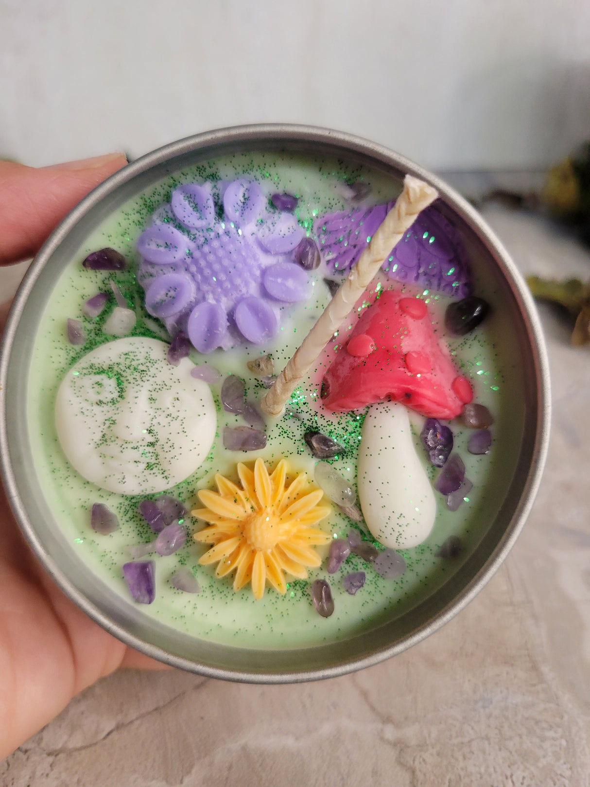 Enchanted Garden Soy Candle: Moon, Crystals, Lavender Sage Rosemary