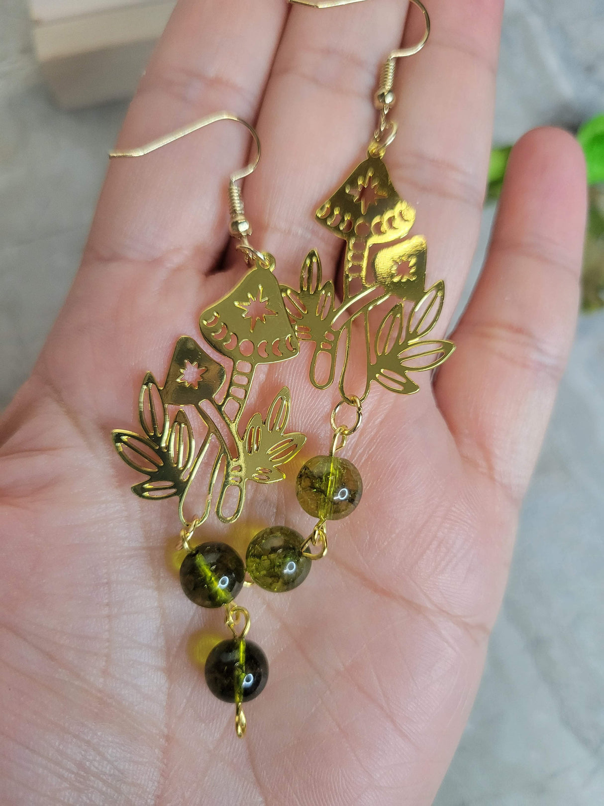 Mushroom Earrings: Gold Moon Phase with Green Beads