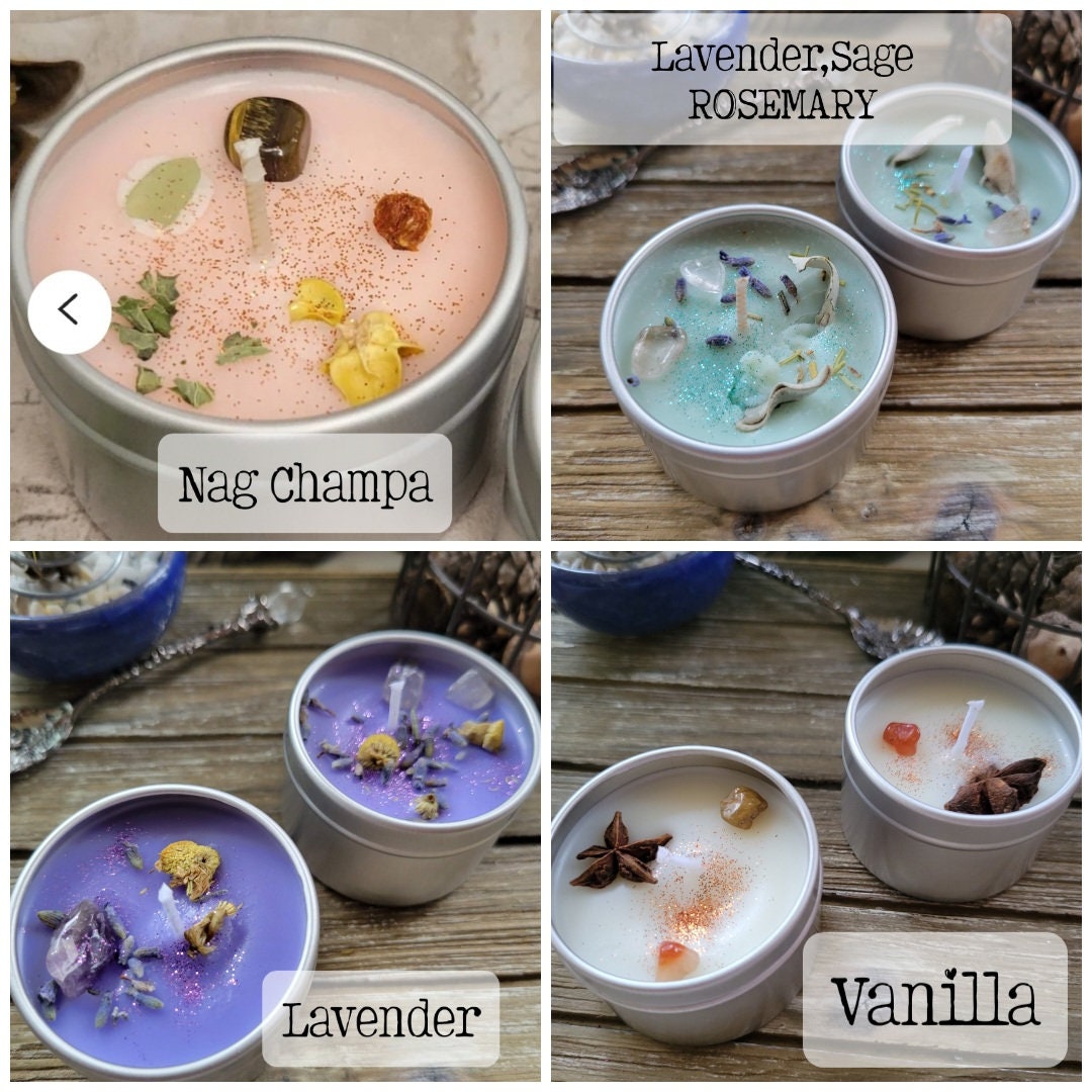 Crystal Intention Soy Candle – Hand Poured | Dried Flowers and Crystals | Meditation & Ritual Candle | 2oz Mini Gift