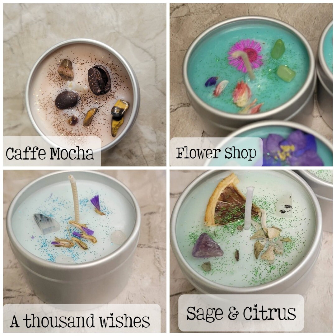 Crystal Intention Soy Candle – Hand Poured | Dried Flowers and Crystals | Meditation & Ritual Candle | 2oz Mini Gift