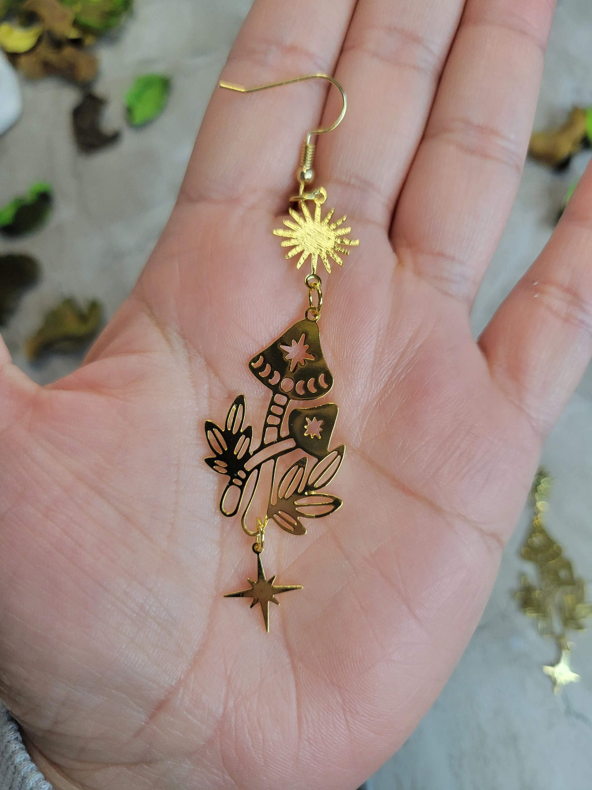 Celestial Mushroom Drop Earrings: Sun & Star Charm Earrings