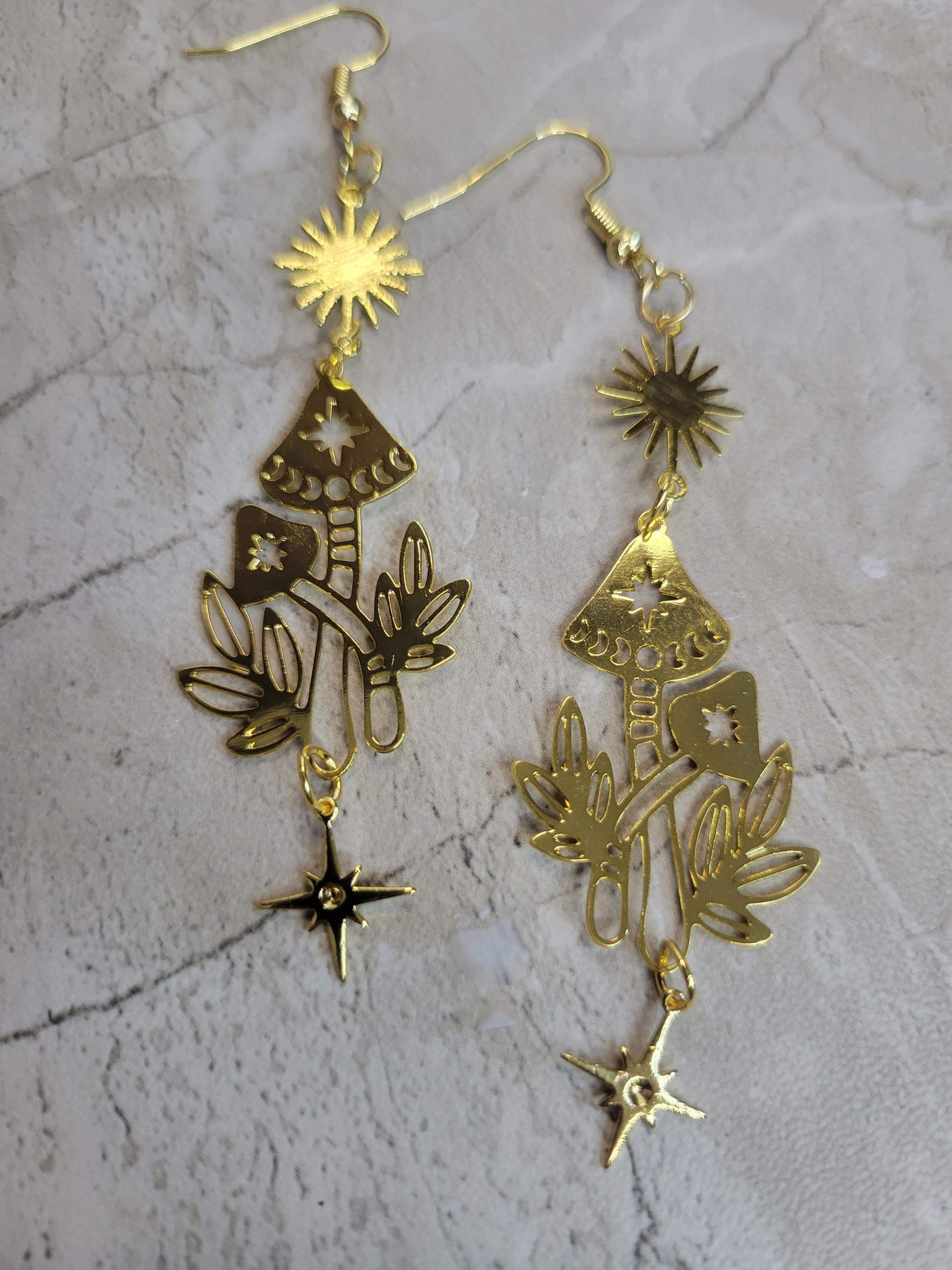 Celestial Mushroom Drop Earrings: Sun & Star Charm Earrings