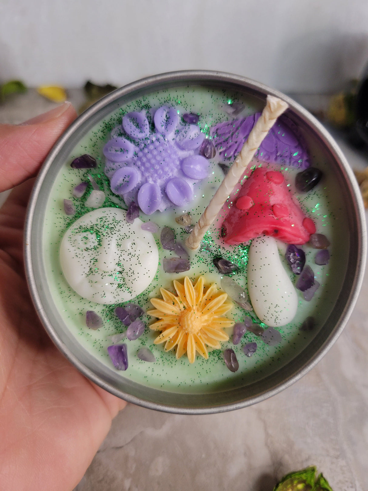 Enchanted Garden Soy Candle: Moon, Crystals, Lavender Sage Rosemary