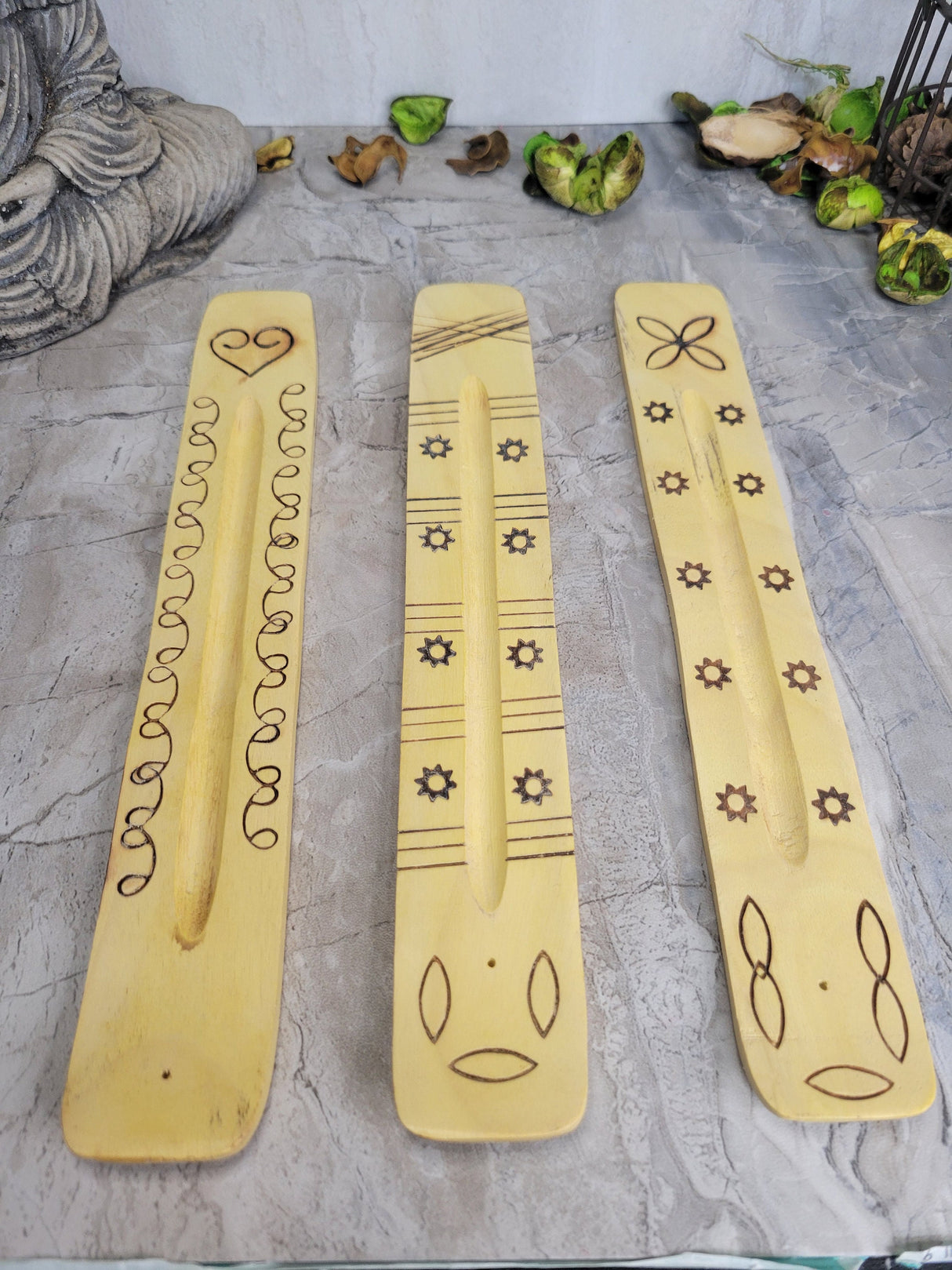 Engraved Wood Incense Holder: 10-Inch Ash Catcher