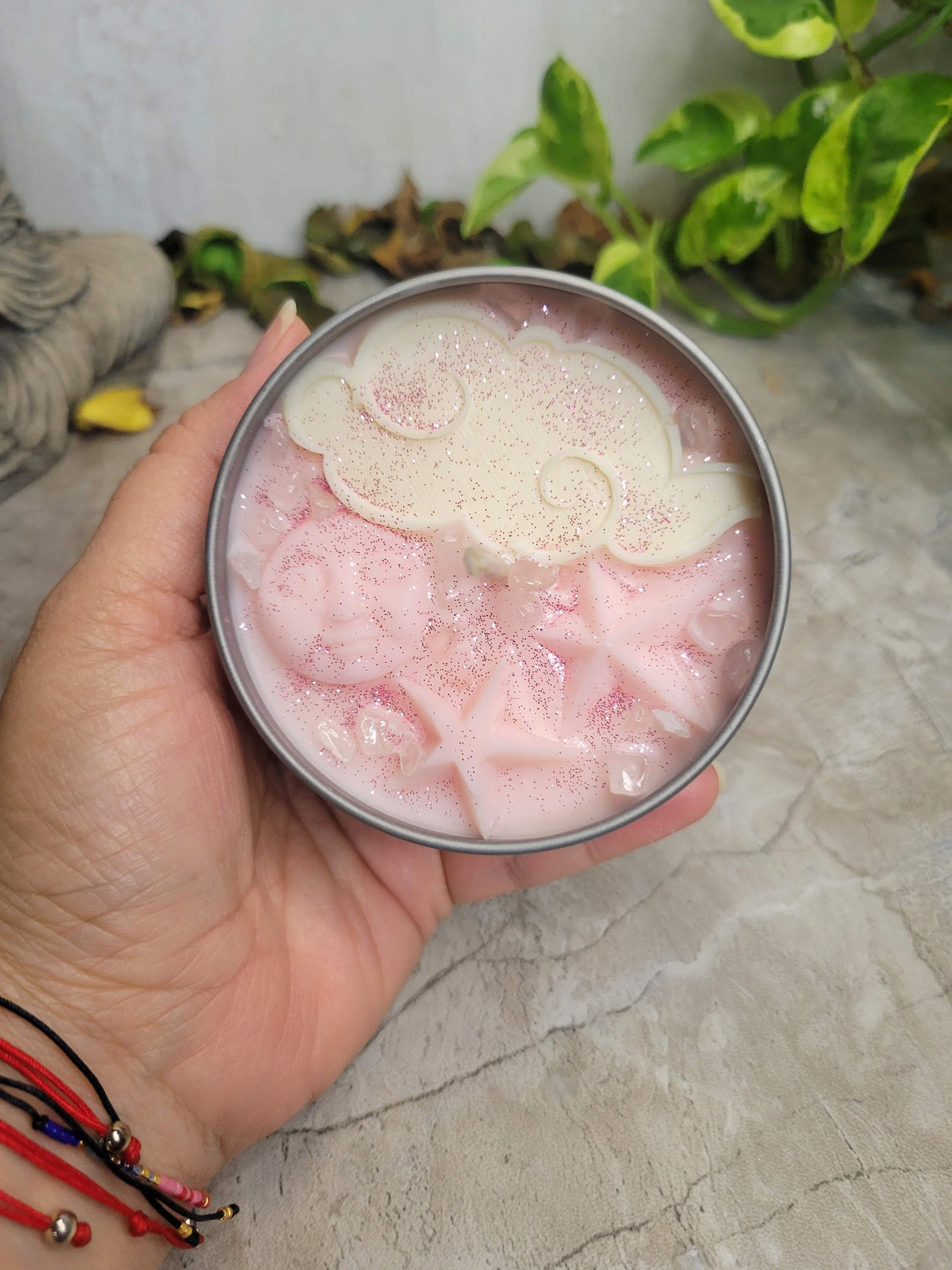 Celestial Pink Moon Soy Candle: Black Amber Lavender Scented, Crystal Chips