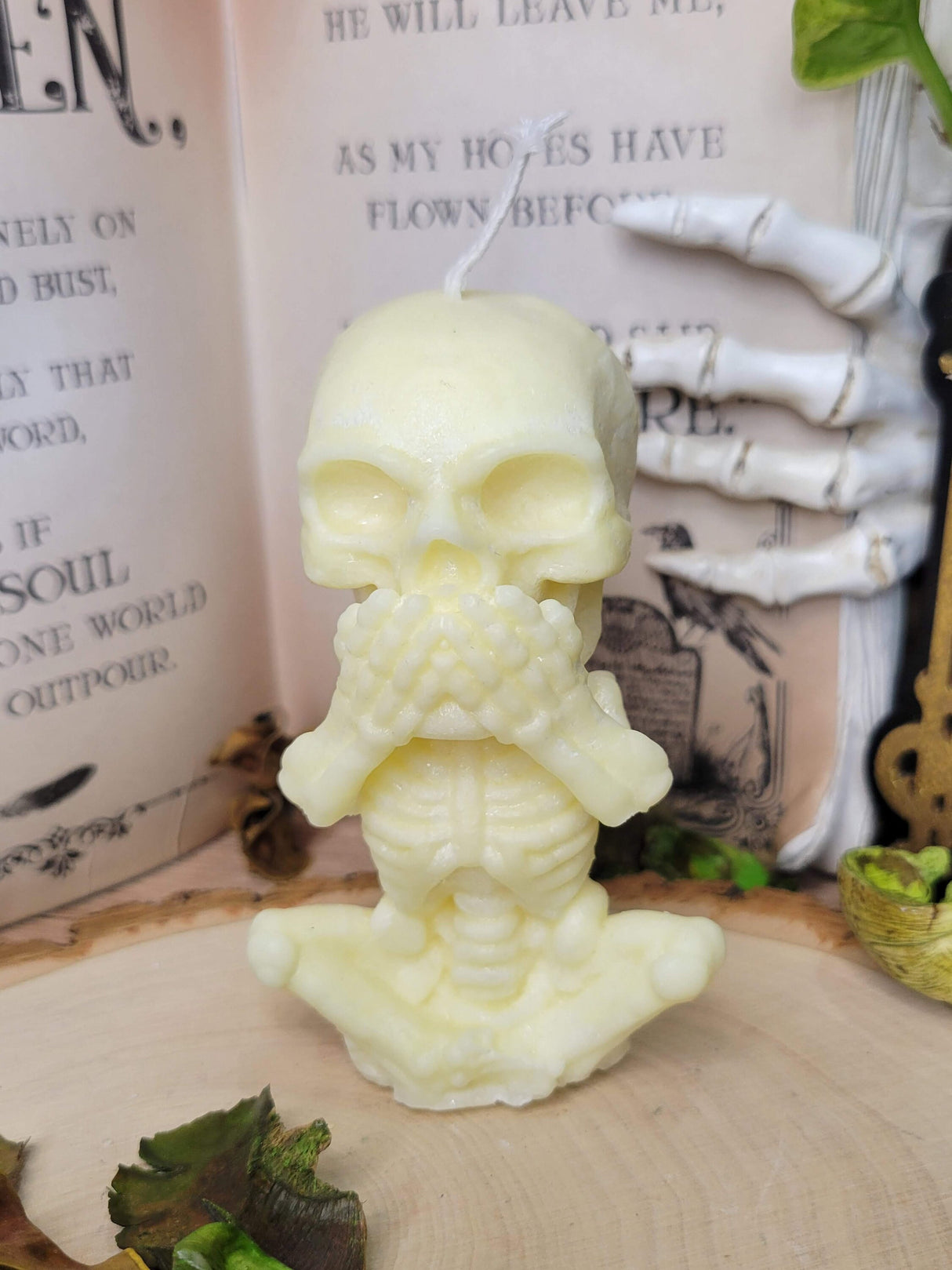 Handmade Skeleton Palm Wax Candle, Hear See Speak No Evil, Sculptural Candle