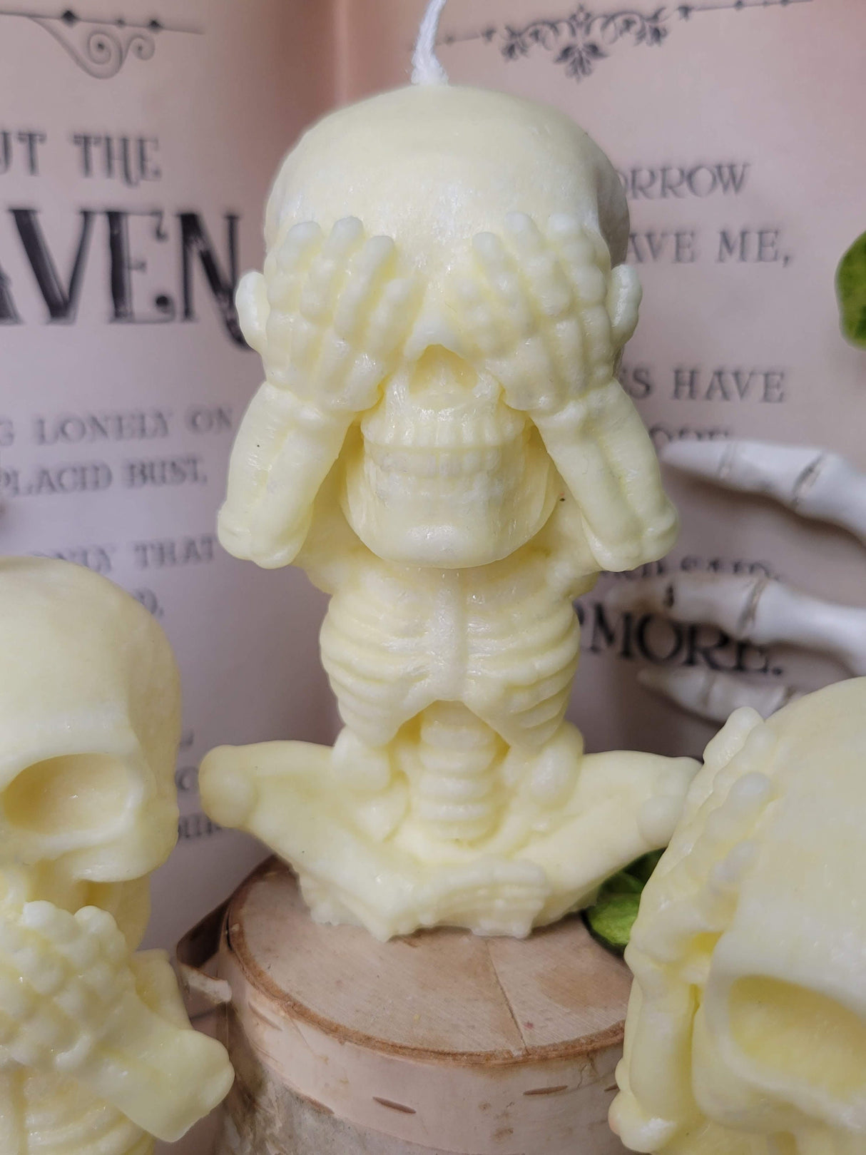 Handmade Skeleton Palm Wax Candle, Hear See Speak No Evil, Sculptural Candle