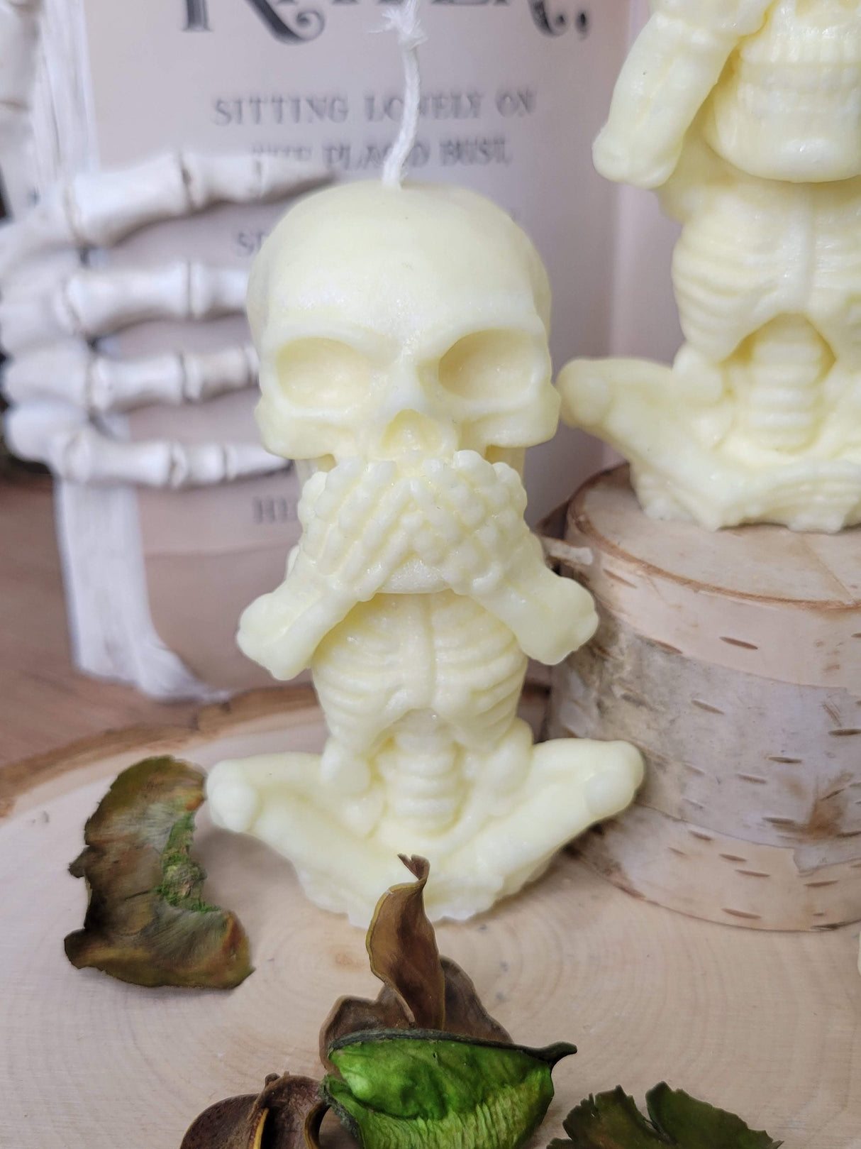 Handmade Skeleton Palm Wax Candle, Hear See Speak No Evil, Sculptural Candle