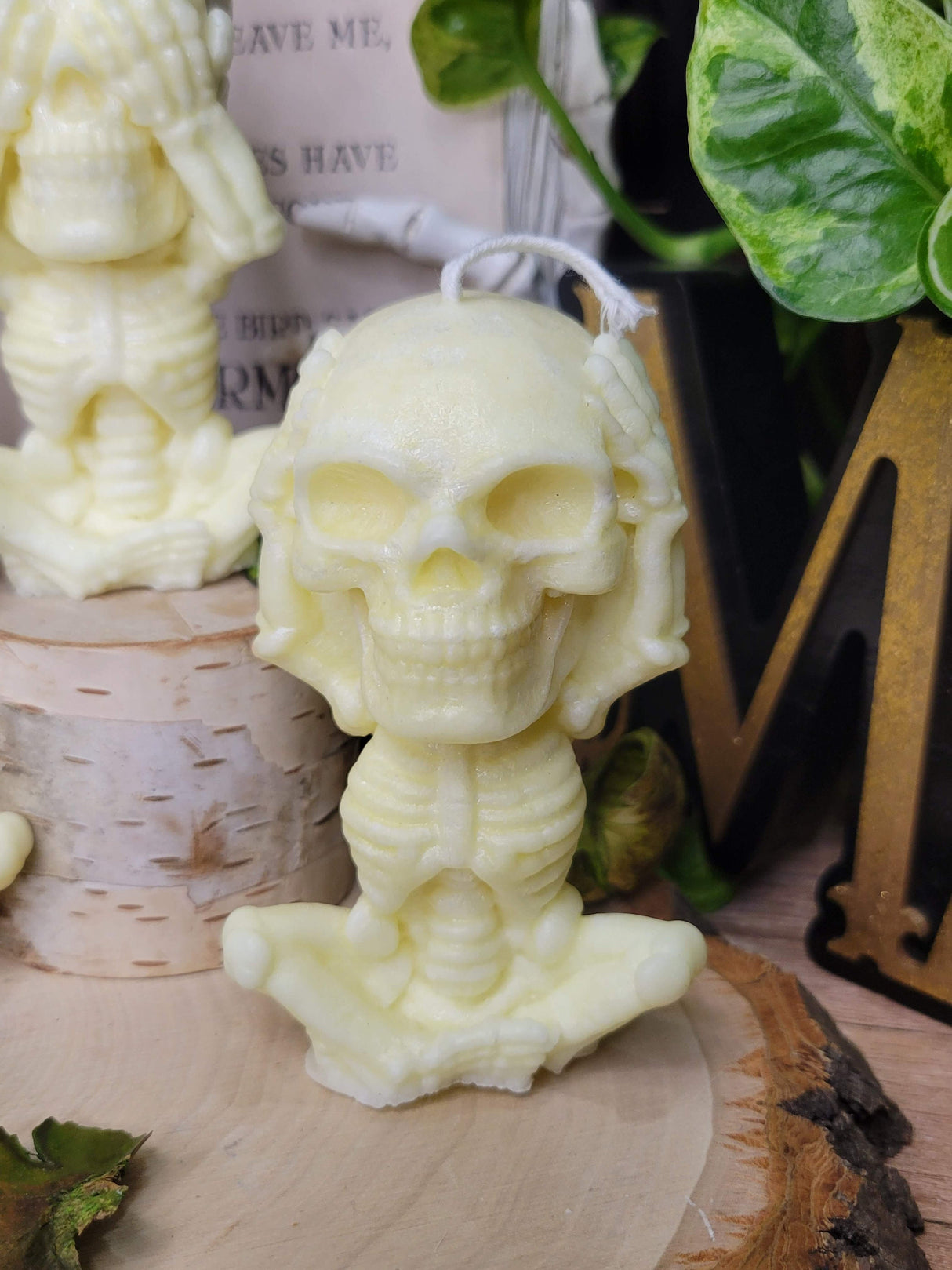 Handmade Skeleton Palm Wax Candle, Hear See Speak No Evil, Sculptural Candle