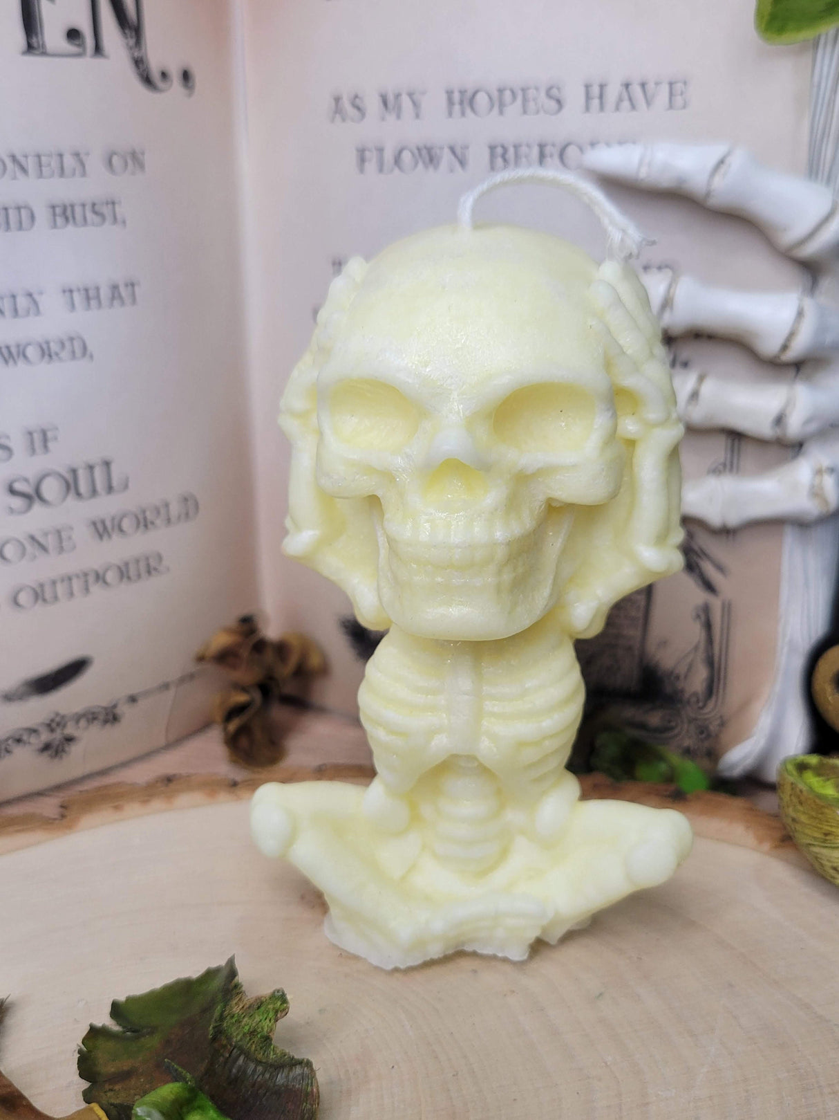 Handmade Skeleton Palm Wax Candle, Hear See Speak No Evil, Sculptural Candle