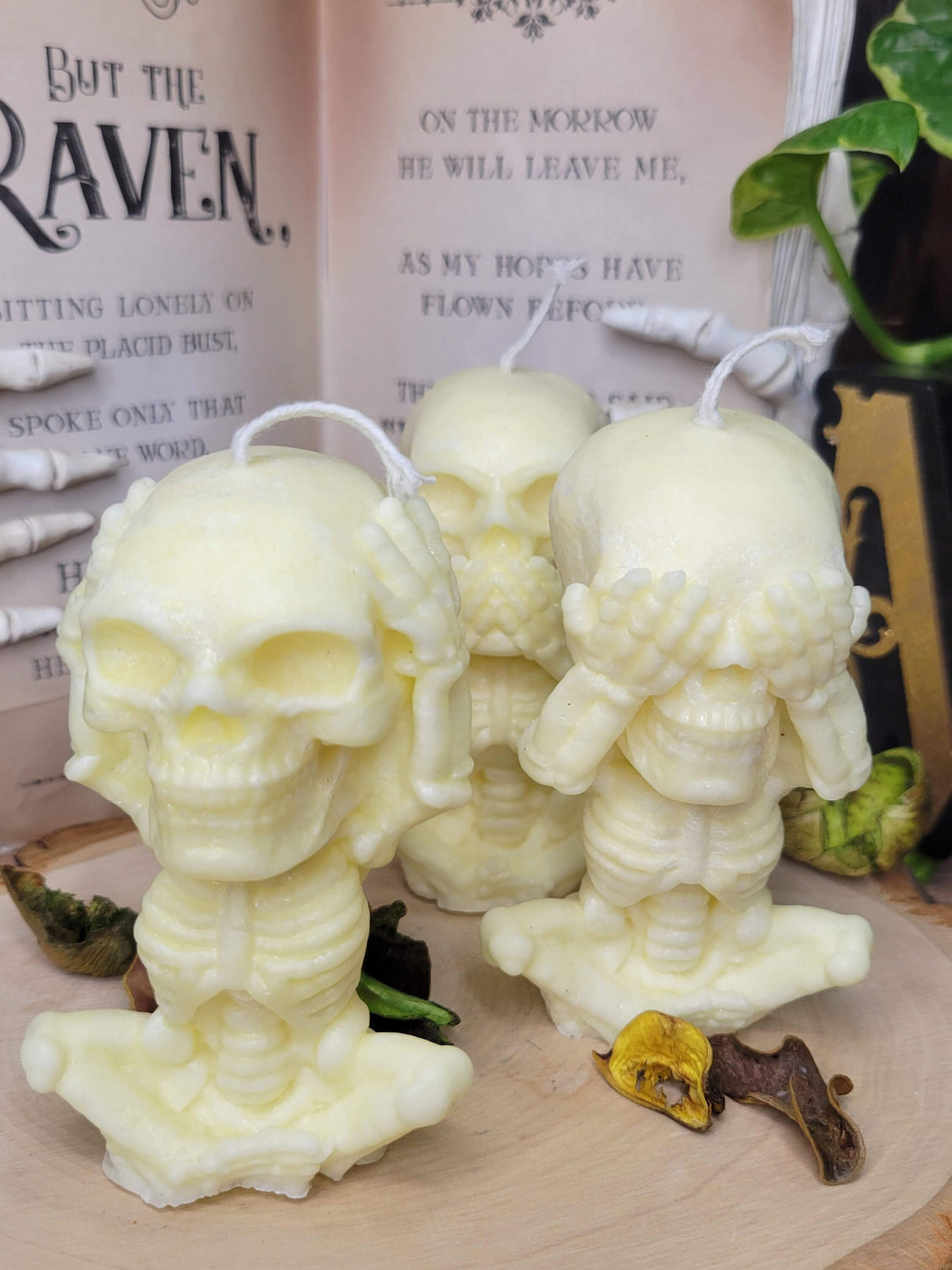 Handmade Skeleton Palm Wax Candle, Hear See Speak No Evil, Sculptural Candle