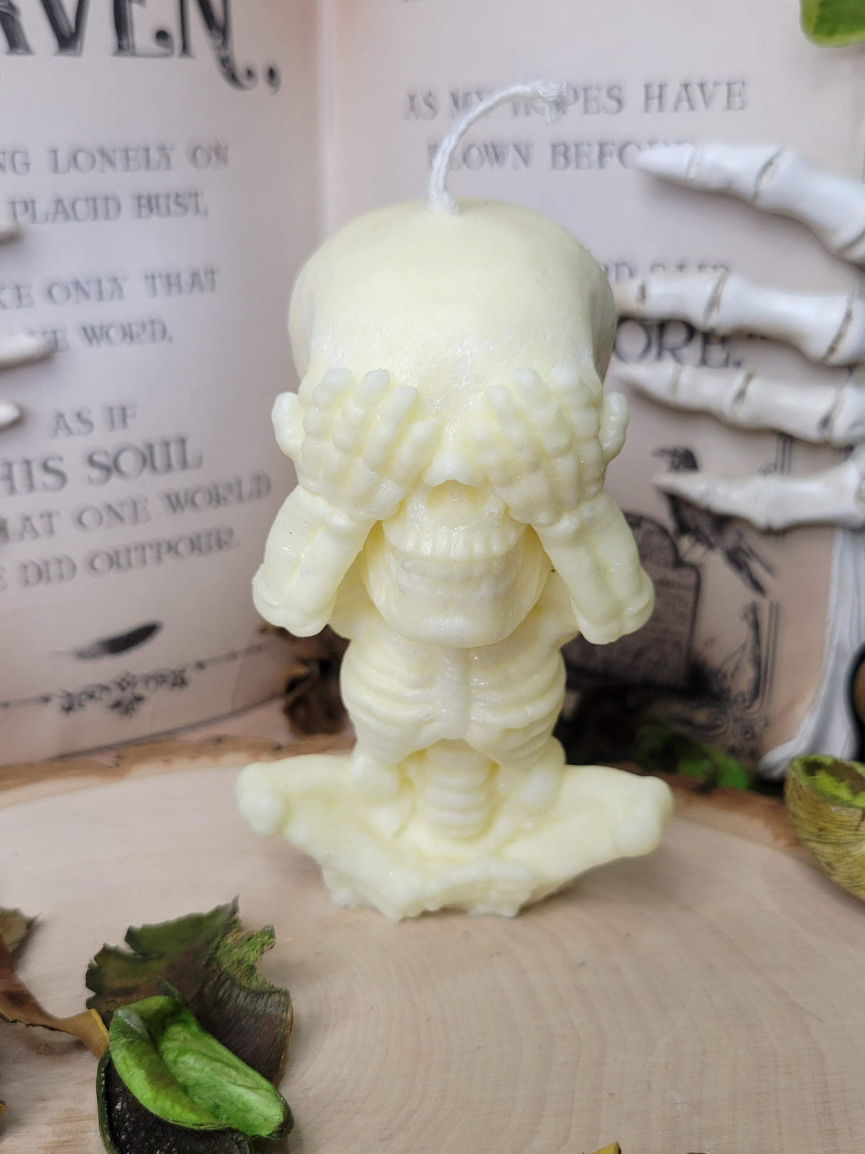 Handmade Skeleton Palm Wax Candle, Hear See Speak No Evil, Sculptural Candle