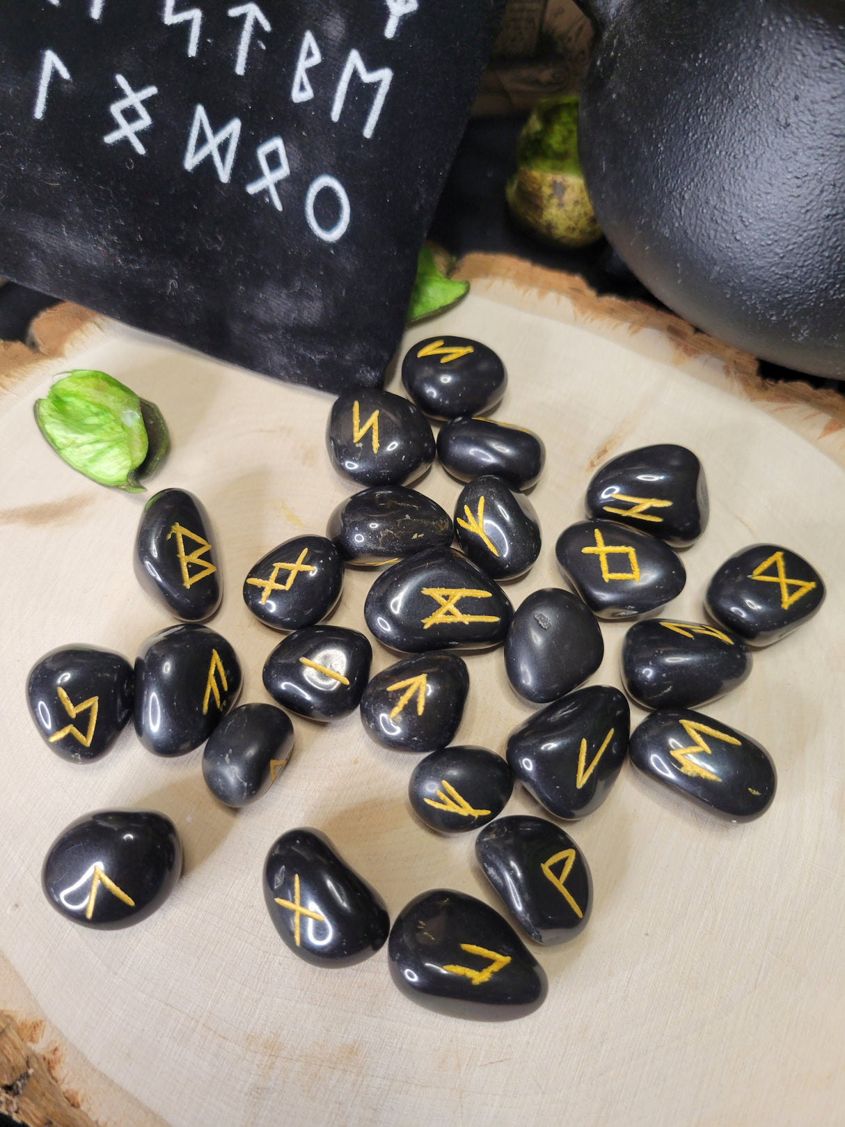 Black Agate Runestone Set (25 Stone Set) with Pouch