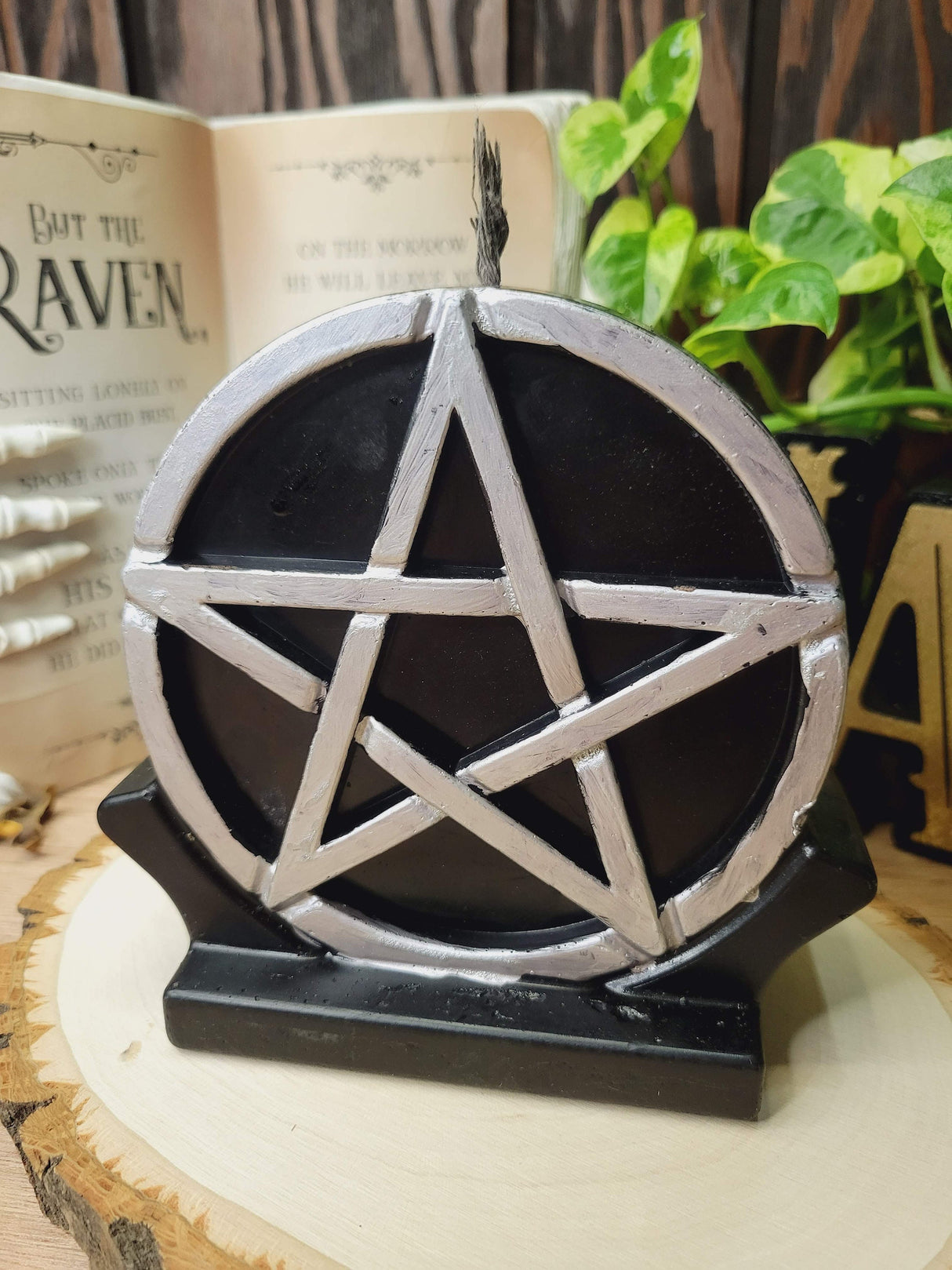 Pentagram Altar Candle: Black & Silver Handmade Wiccan Decor