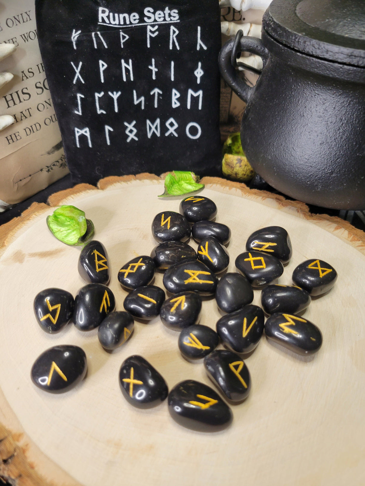 Black Agate Runestone Set (25 Stone Set) with Pouch
