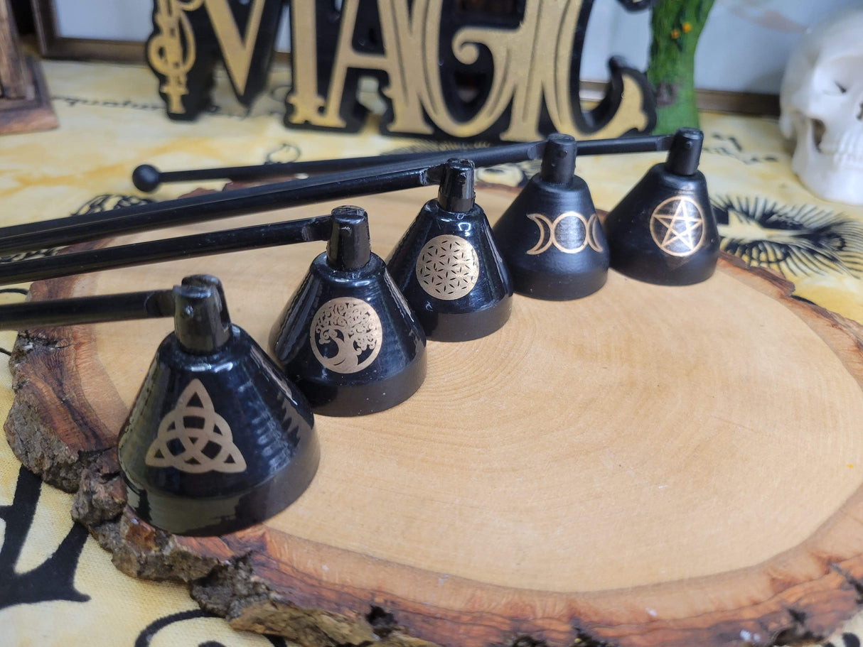 Handmade Iron Candle Snuffer: Triple Moon, Pentacle Design