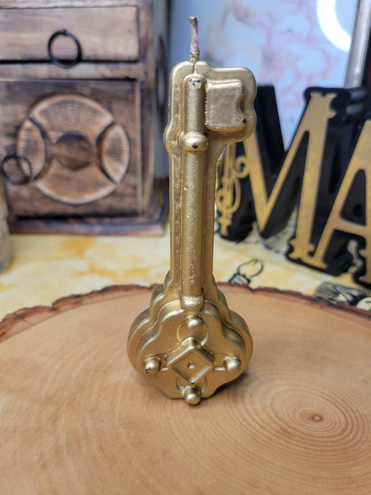 Gold Key Figurine Candle: Altar Decor, Spell Candle