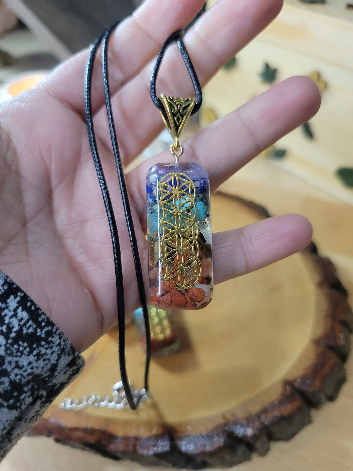 Flower of Life Gemstone Chip Pendant: Spiritual Epoxy Resin Charm