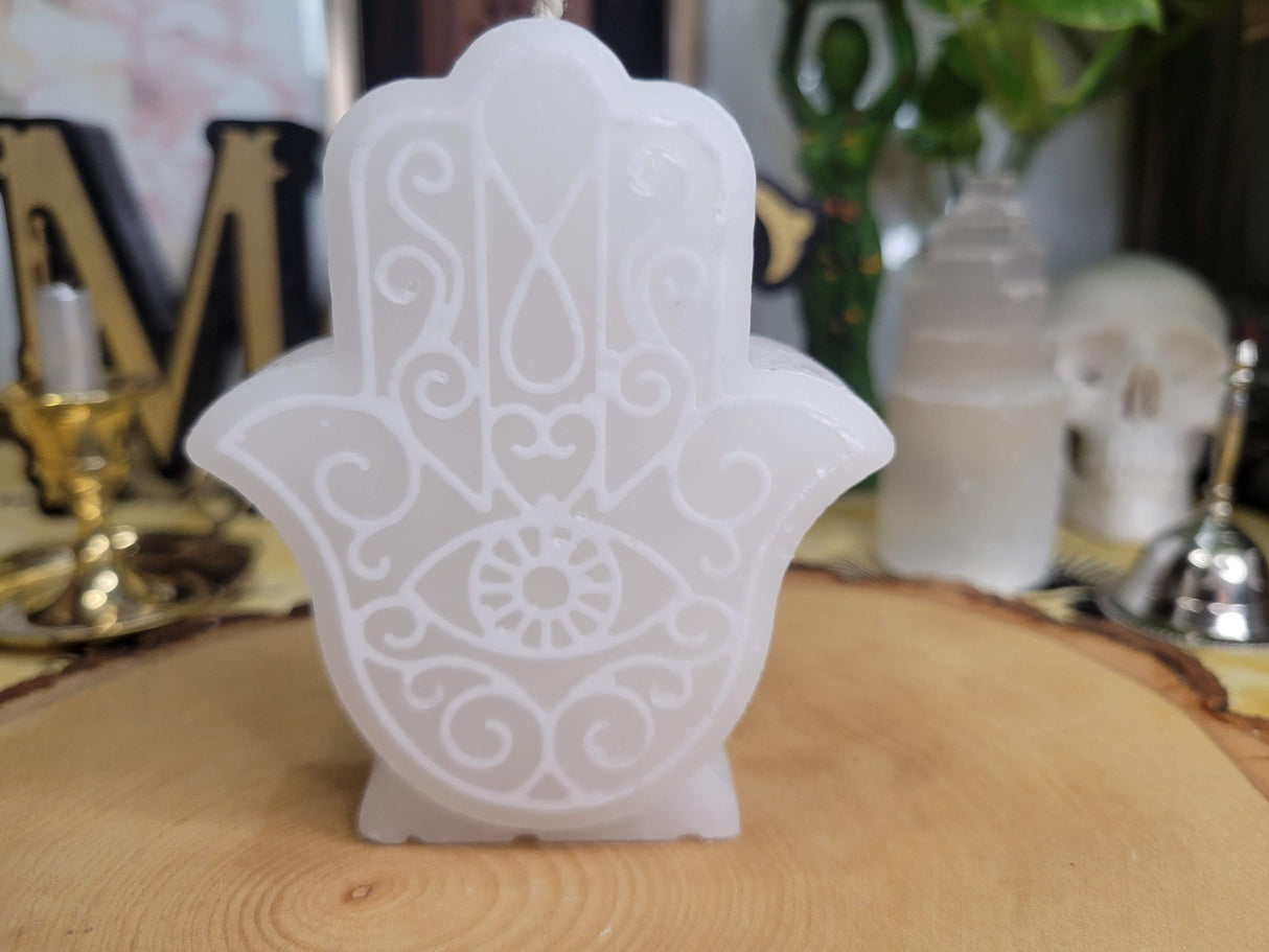 White Hamsa Candle: Evil Eye Protection Decor