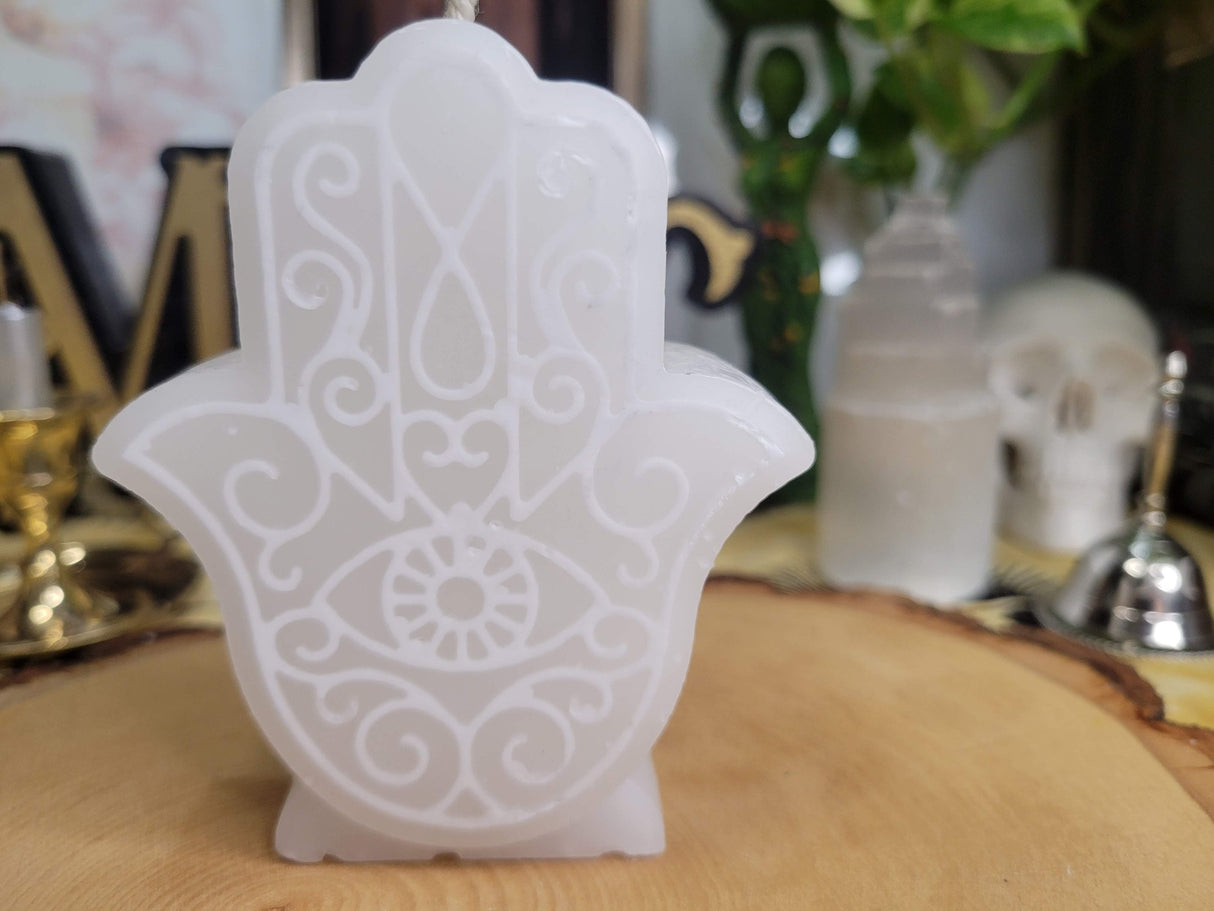 White Hamsa Candle: Evil Eye Protection Decor