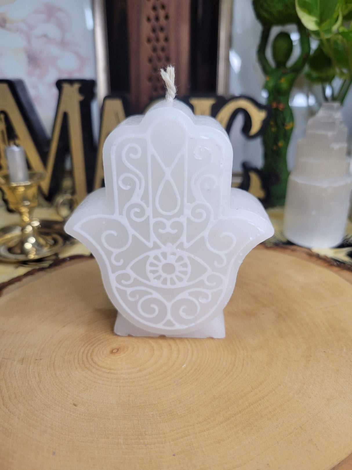 White Hamsa Candle: Evil Eye Protection Decor