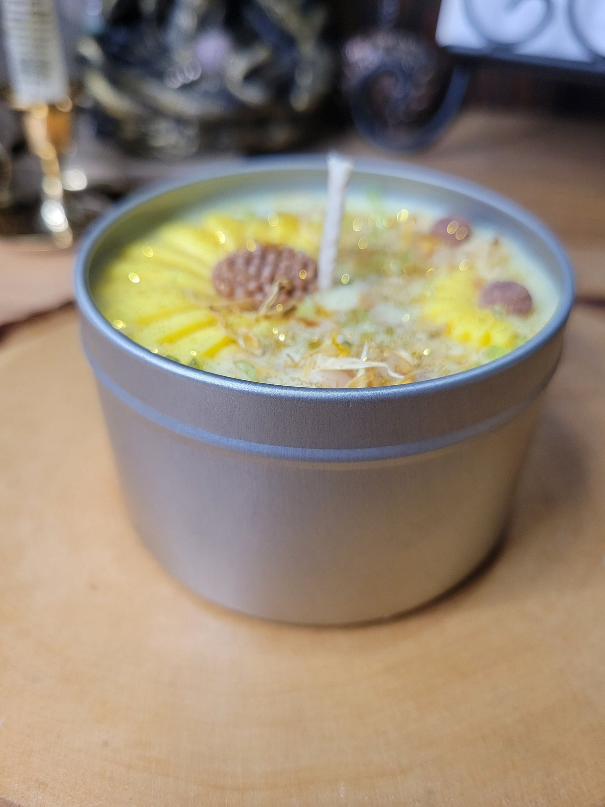 Sunflower Soy Wax Candle with Crystals and Marigold Flowers