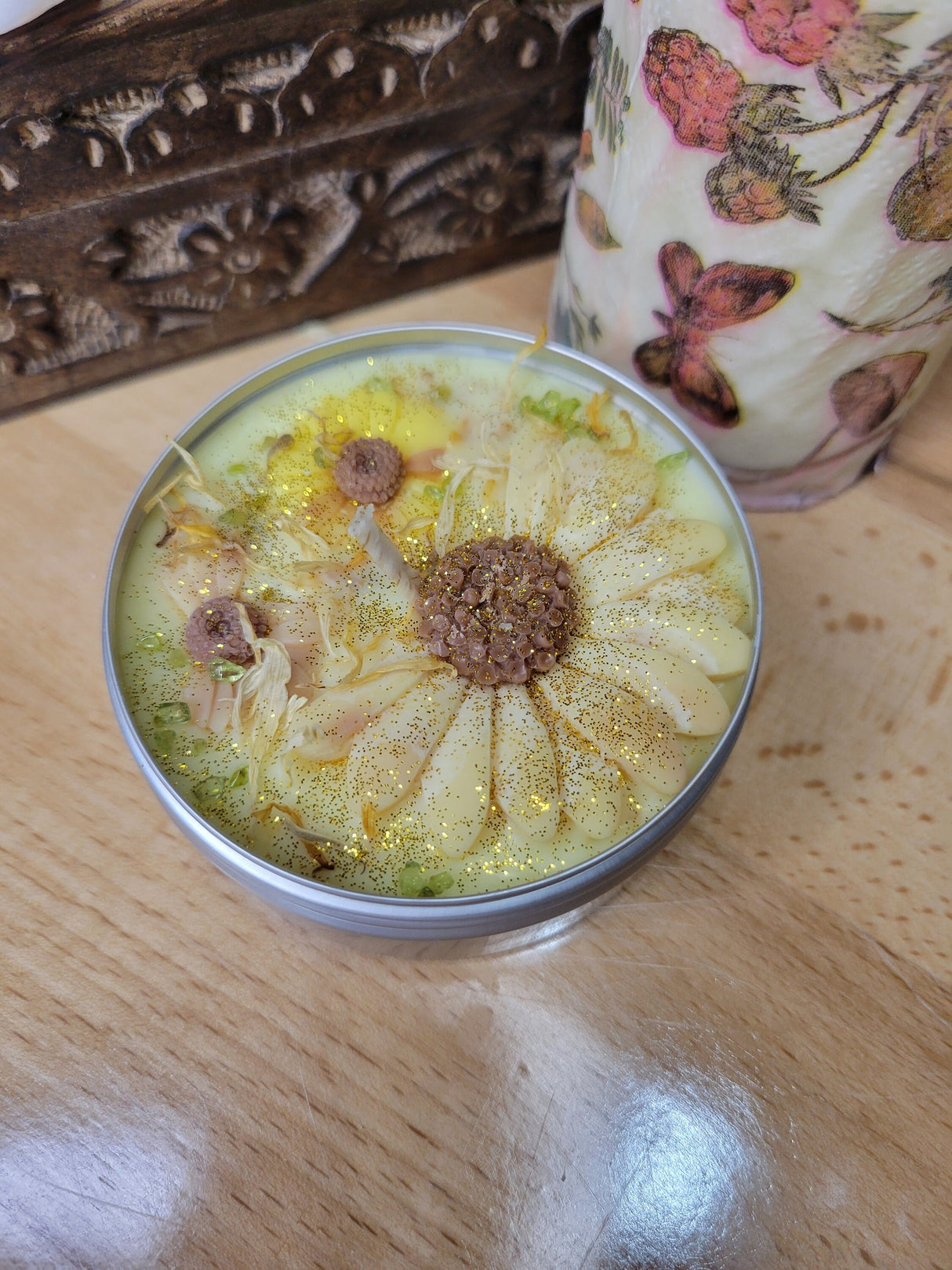 Sunflower Soy Wax Candle with Crystals and Marigold Flowers