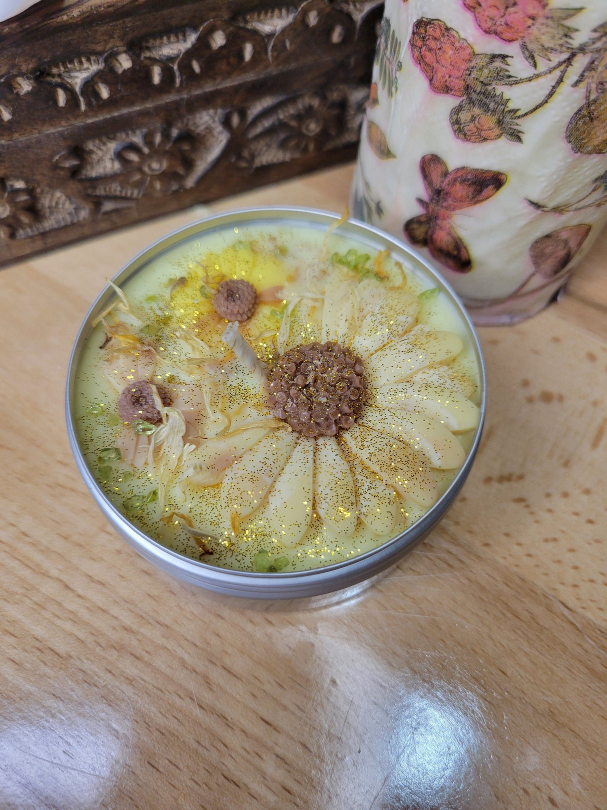Sunflower Soy Wax Candle with Crystals and Marigold Flowers