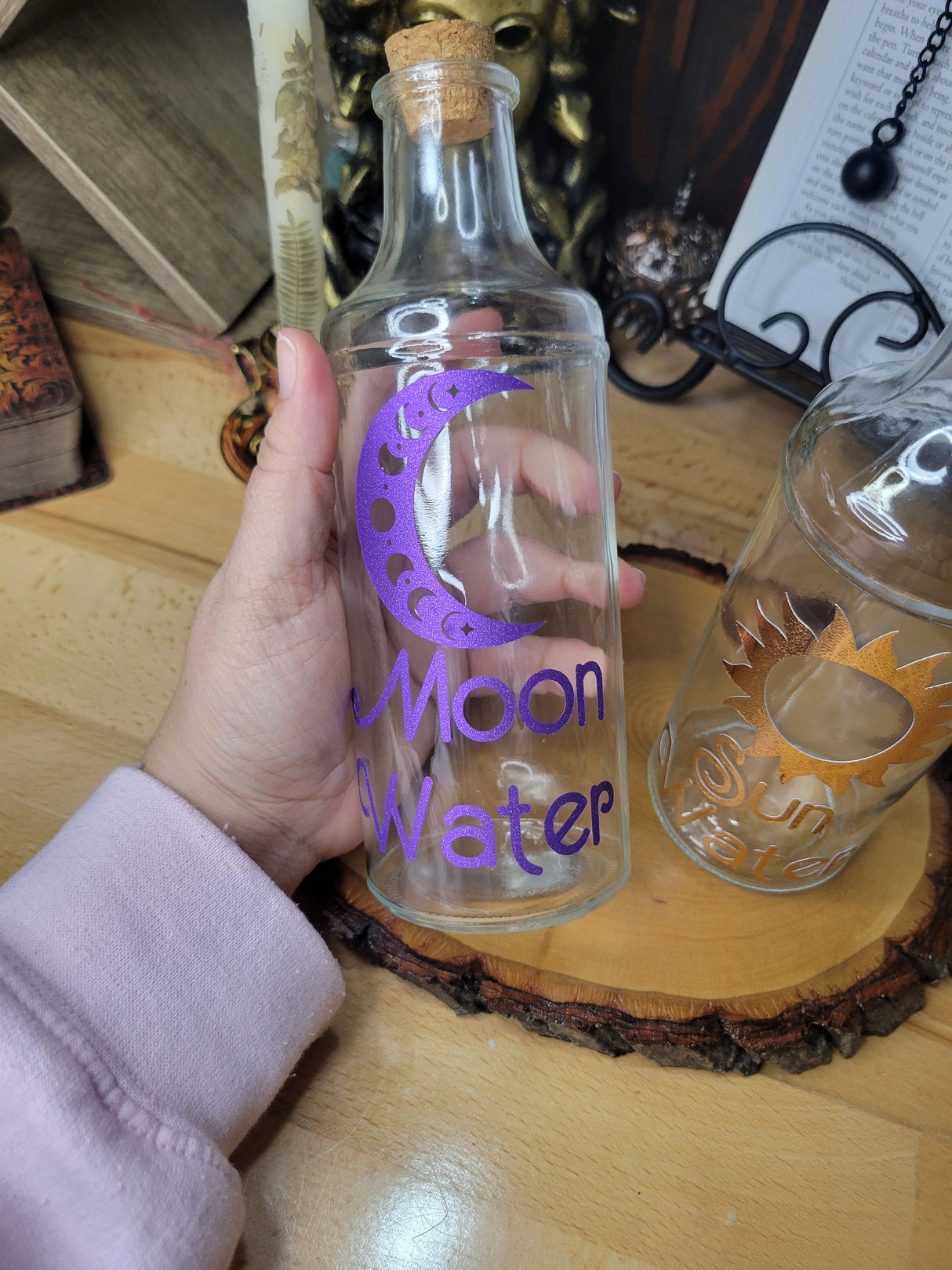 Moon and Sun Glass Bottle, Witchy Spell Jar with Cork