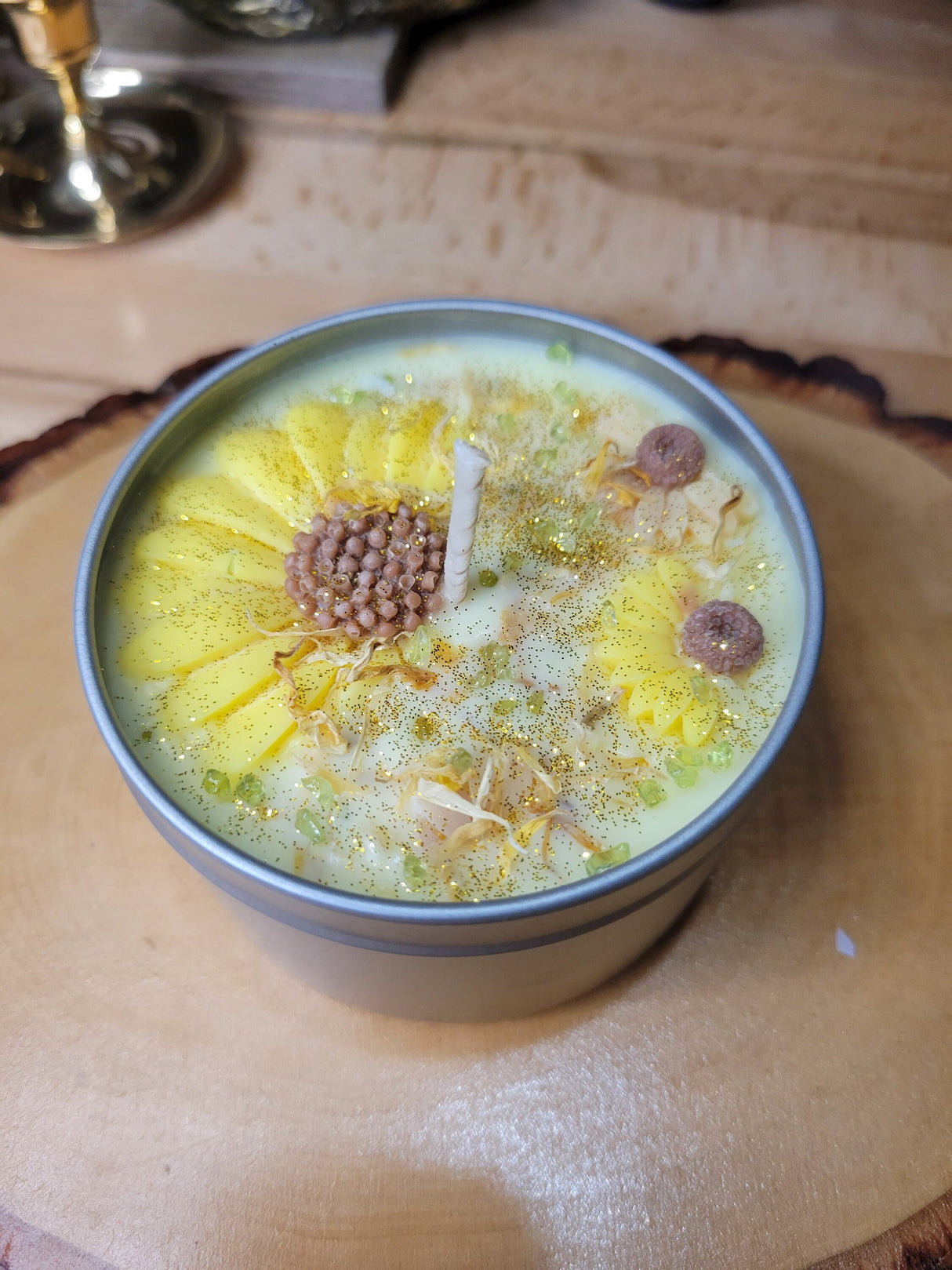 Sunflower Soy Wax Candle with Crystals and Marigold Flowers