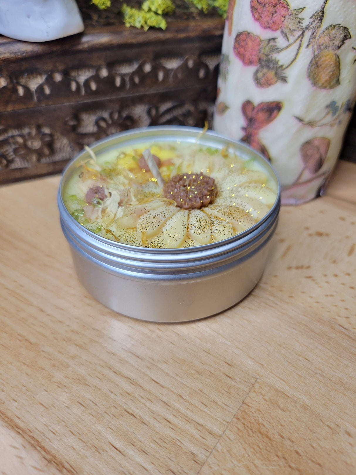 Sunflower Soy Wax Candle with Crystals and Marigold Flowers