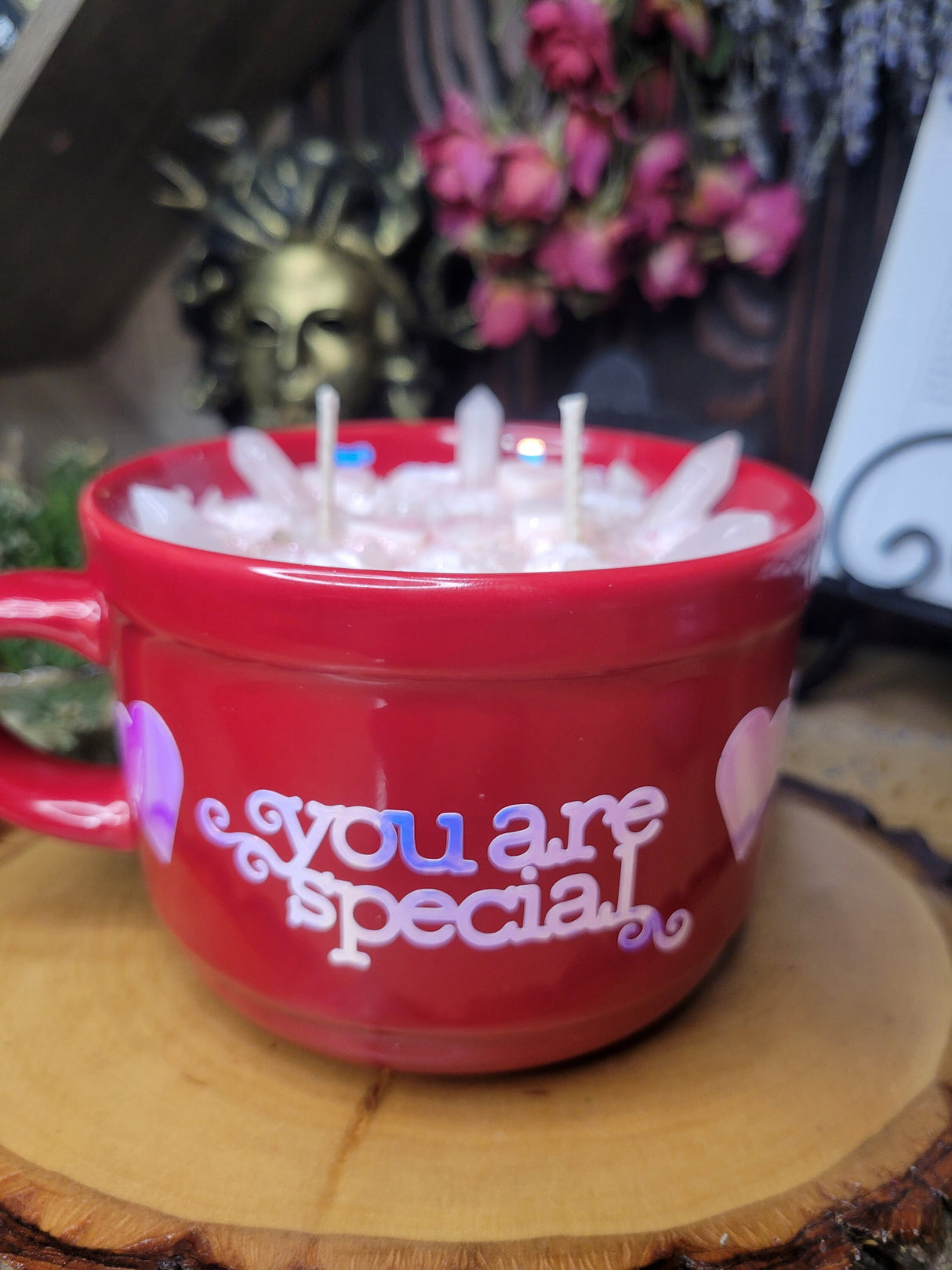 Self Love Rose Quartz Candle: Handmade Ceramic Mug, Sandalwood Rose Scent