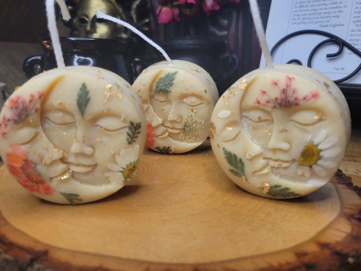 Nag Champa Soy Candle: Handmade Moon and Sun with Dried Flowers
