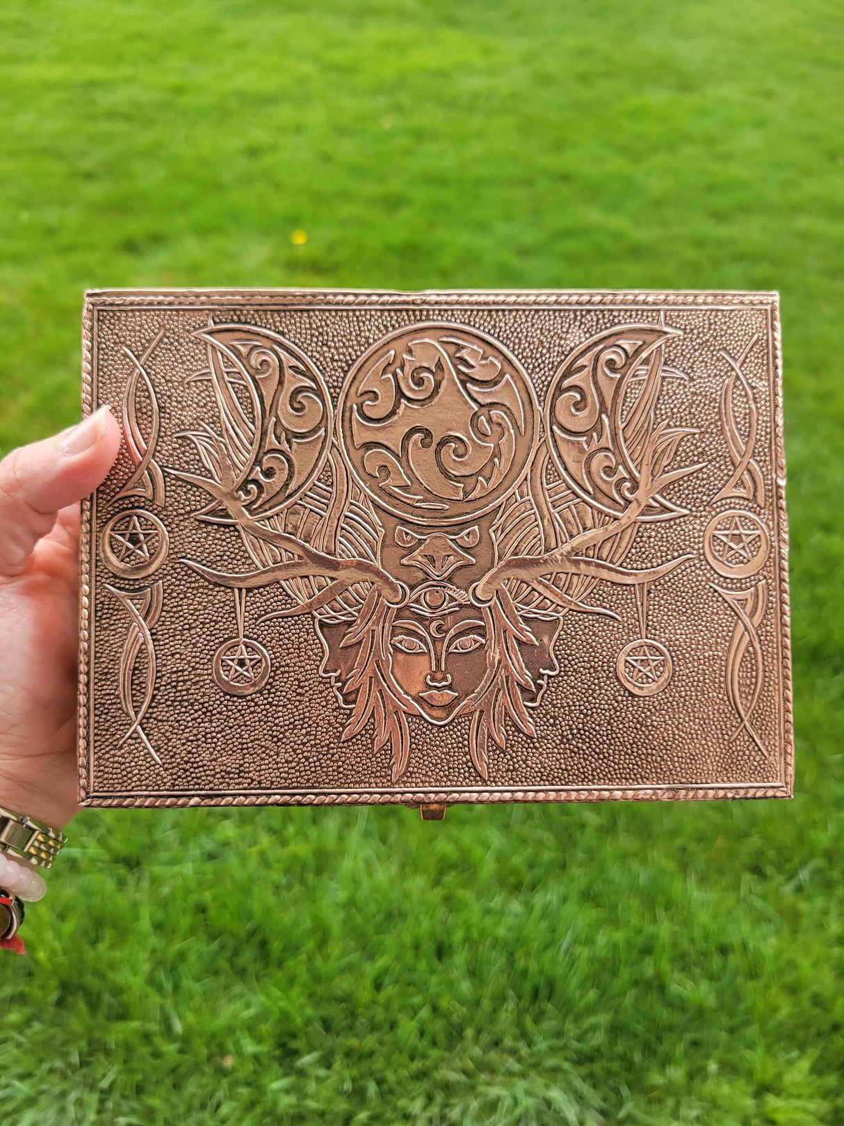 Witch Triple Moon Goddess Carved Metal over Wood Box Handcrafted Tarot Box Altar Box Gift for Her