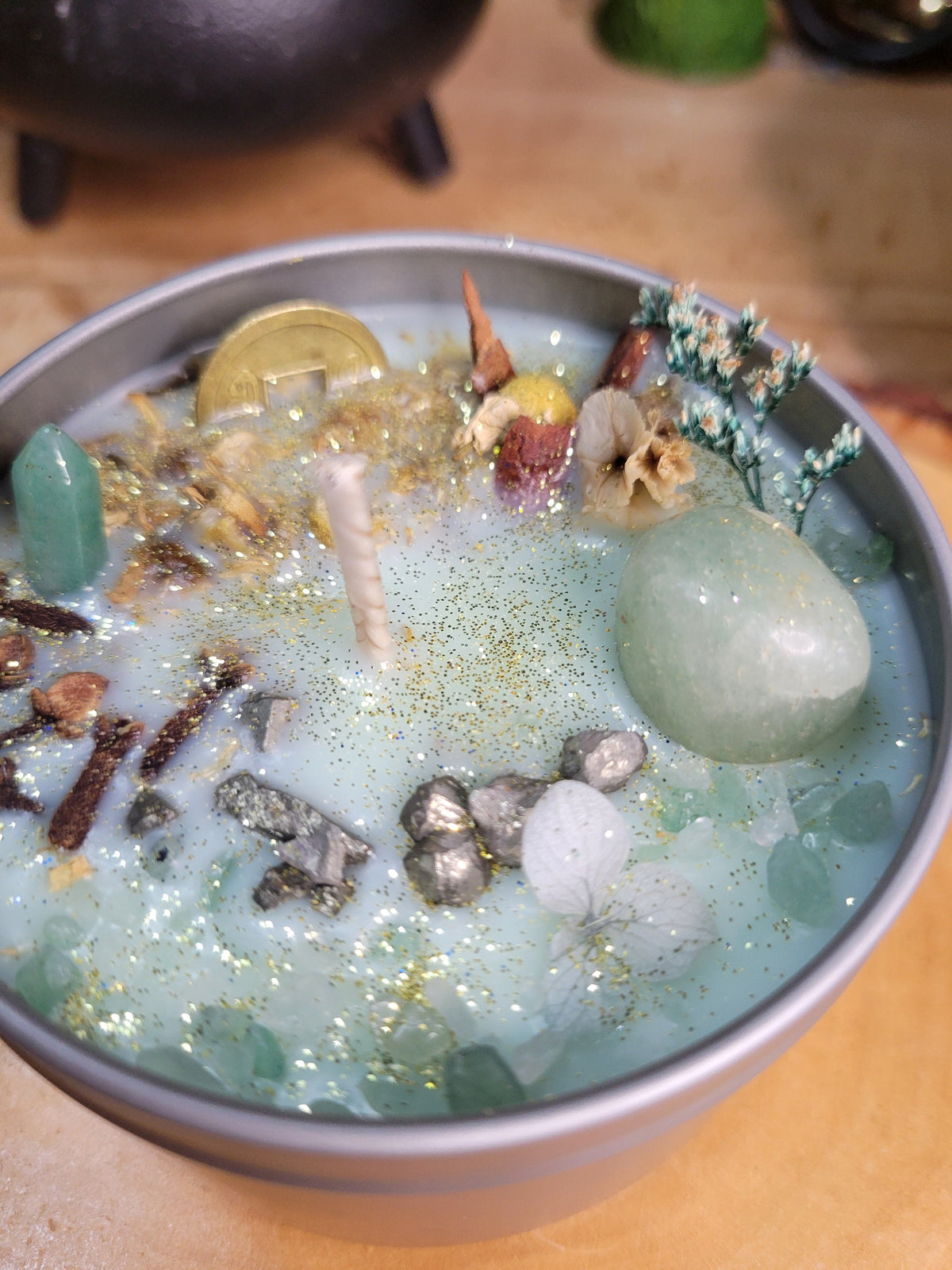Abundance Soy Candle Wax Aventurine Pyrite Crystals for Prosperity, Dried Flowers , Handcrafted, Manifestation & Gifts